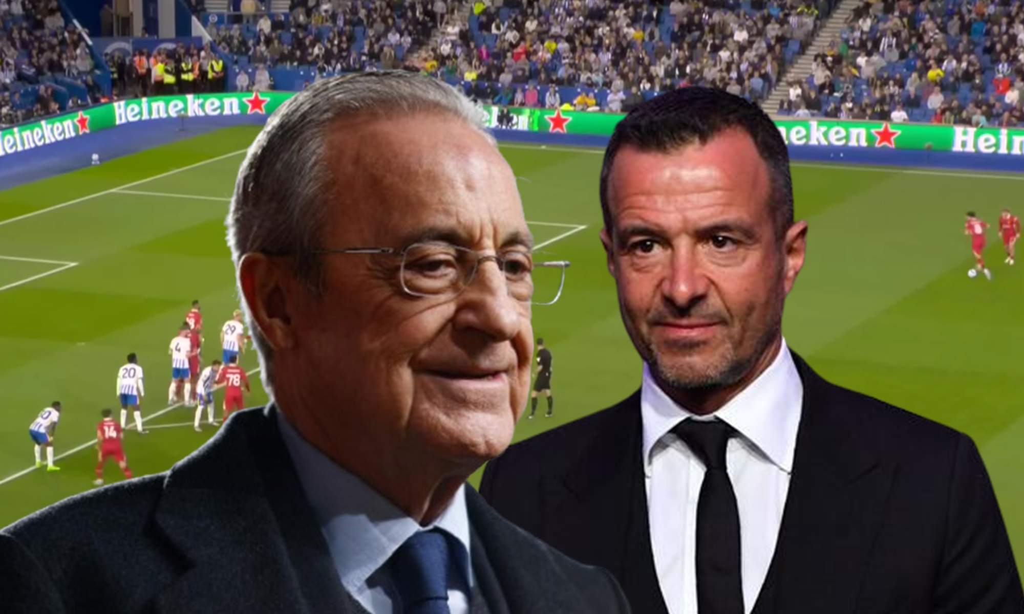 Florentino Pérez, Jorge Mendes y una captura de un partido del Brighton.
