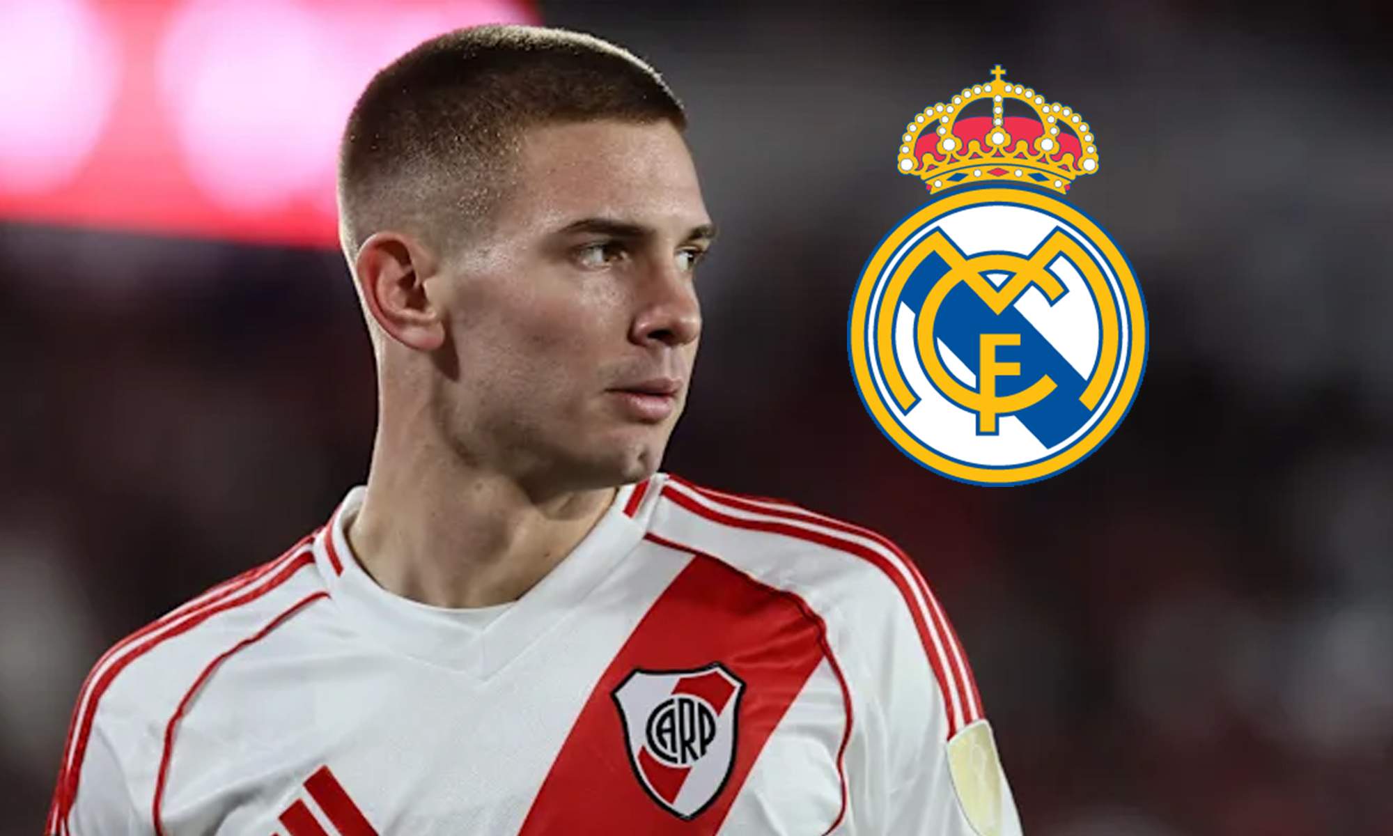 Franco Mastantuono y el escudo del Real Madrid.