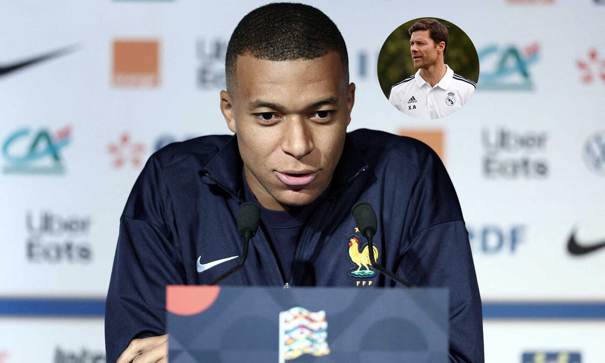 Kylian Mbappé en rueda de prensa y una foto de Xabi Alonso. 