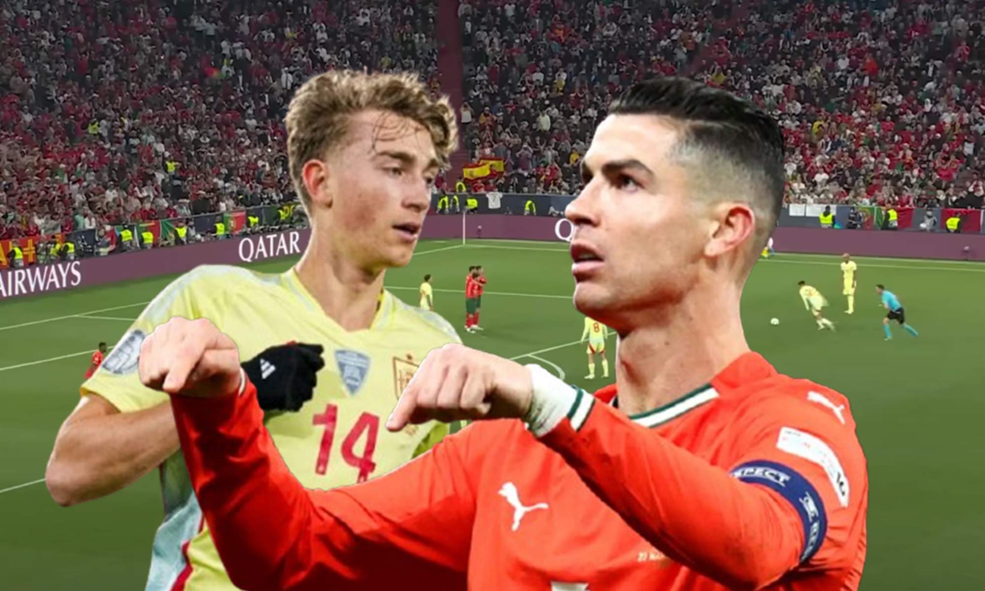 Dean Huijsen, Cristiano Ronaldo y una captura del Portugal - España. 