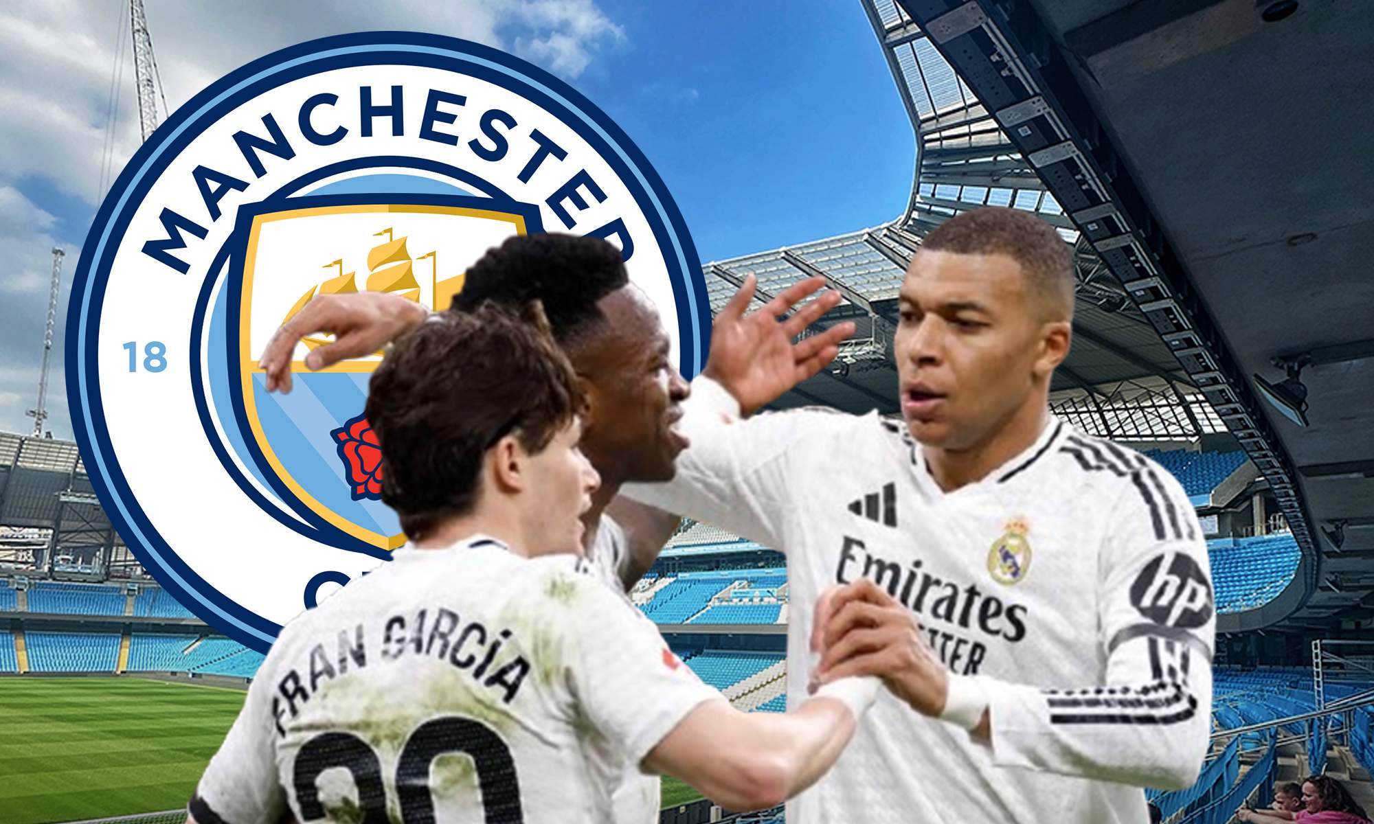 Jugadores del Real Madrid y el escudo del Manchester City.