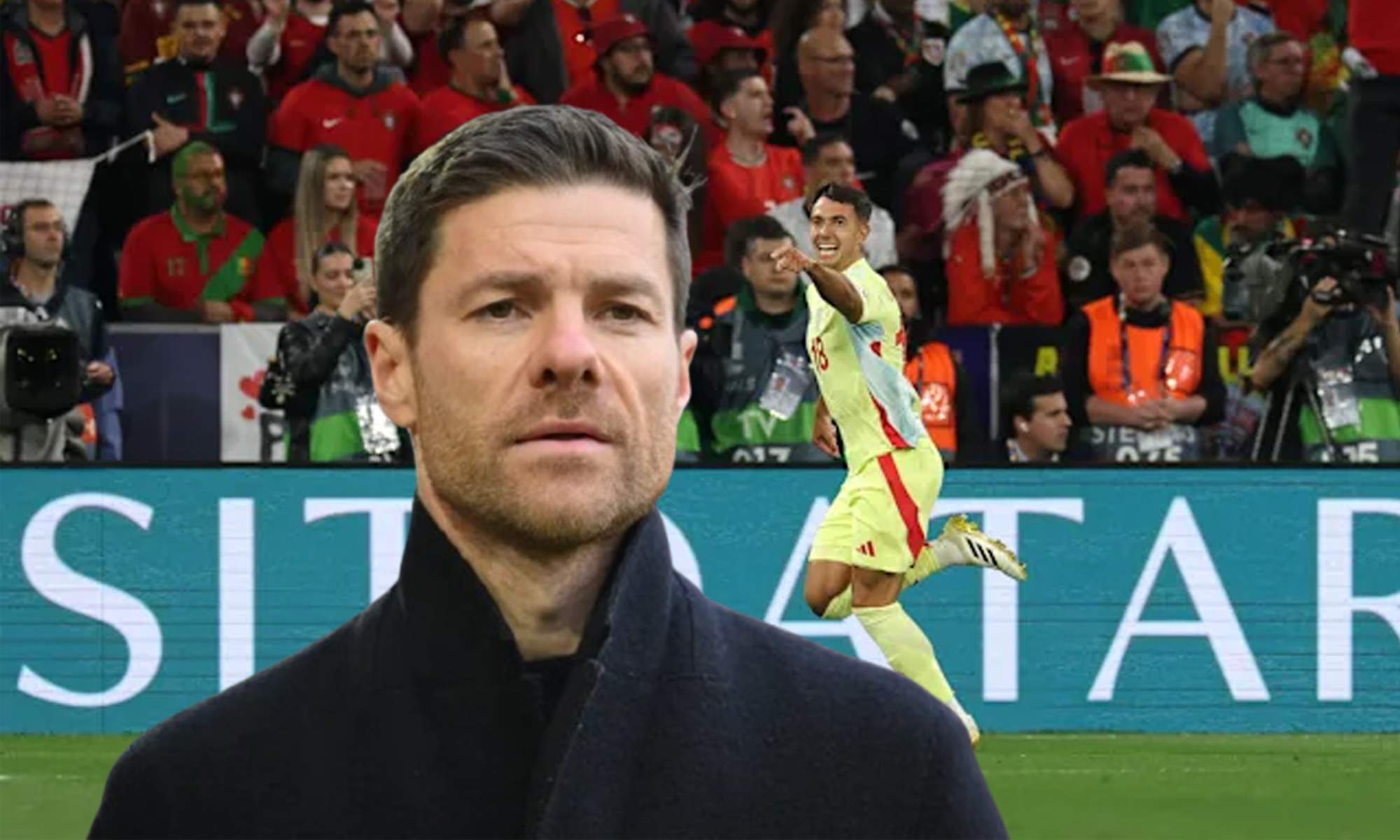 Xabi Alonso y una foto de Martín Zubimendi celebrando su gol contra Portugal.