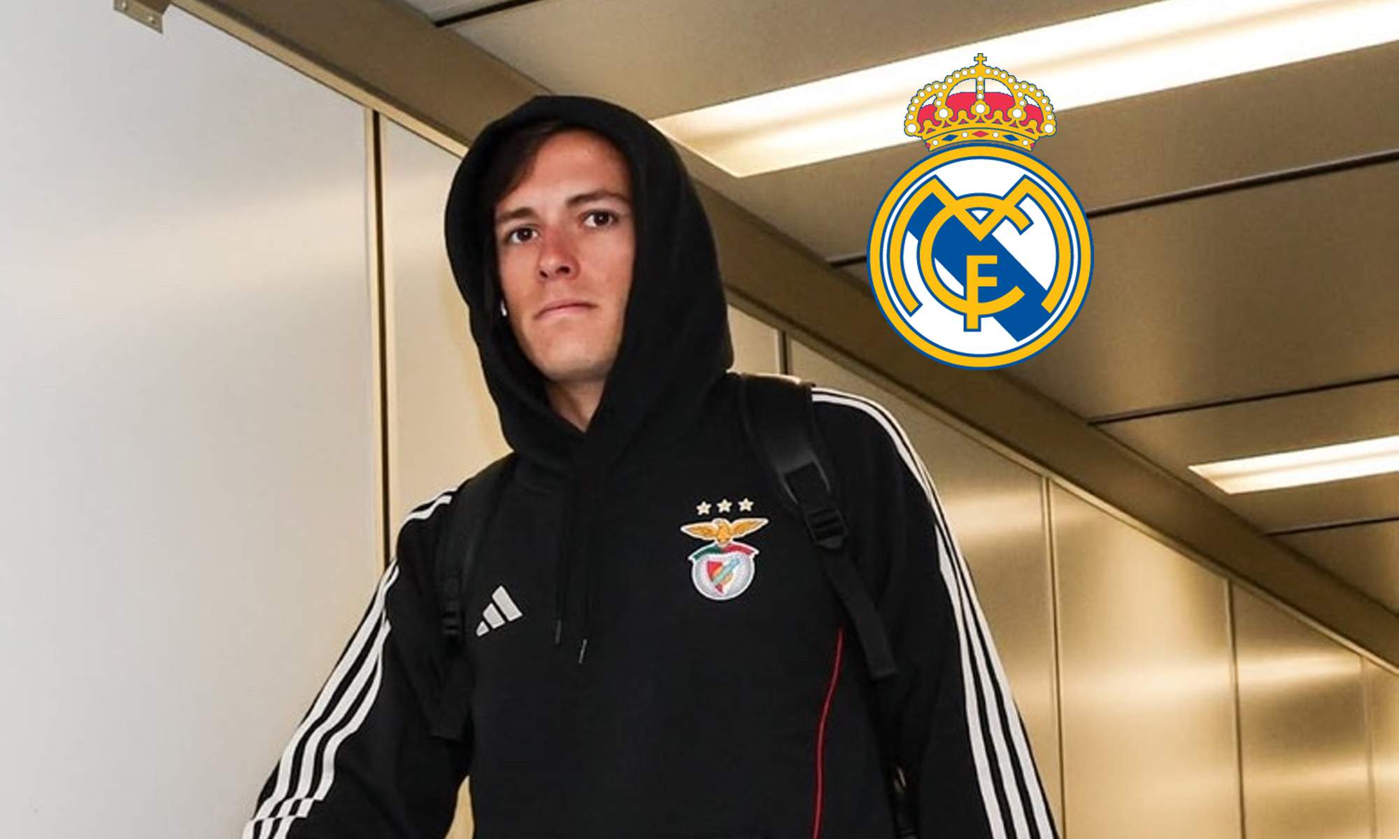 Álvaro Carreras en su llegada a Estados Unidos y el escudo del Real Madrid. 