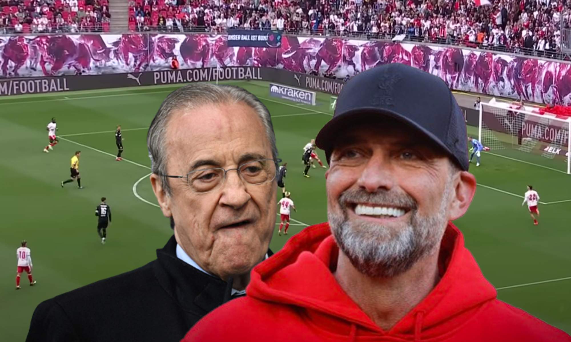 Florentino Pérez, Jurgen Klopp y una captura de un partido del Leipzpig.