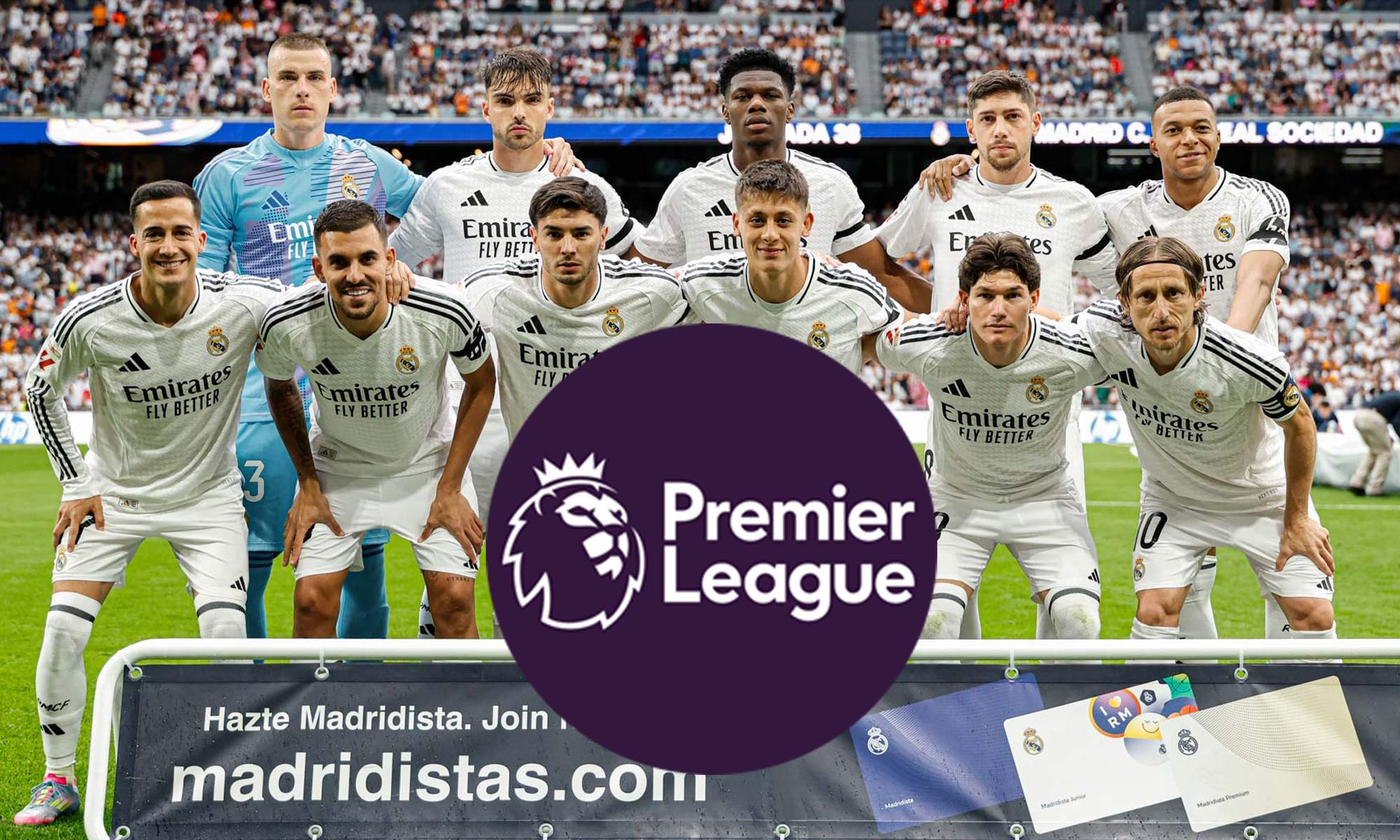 Jugadores del Real Madrid y el logo de la Premier League.