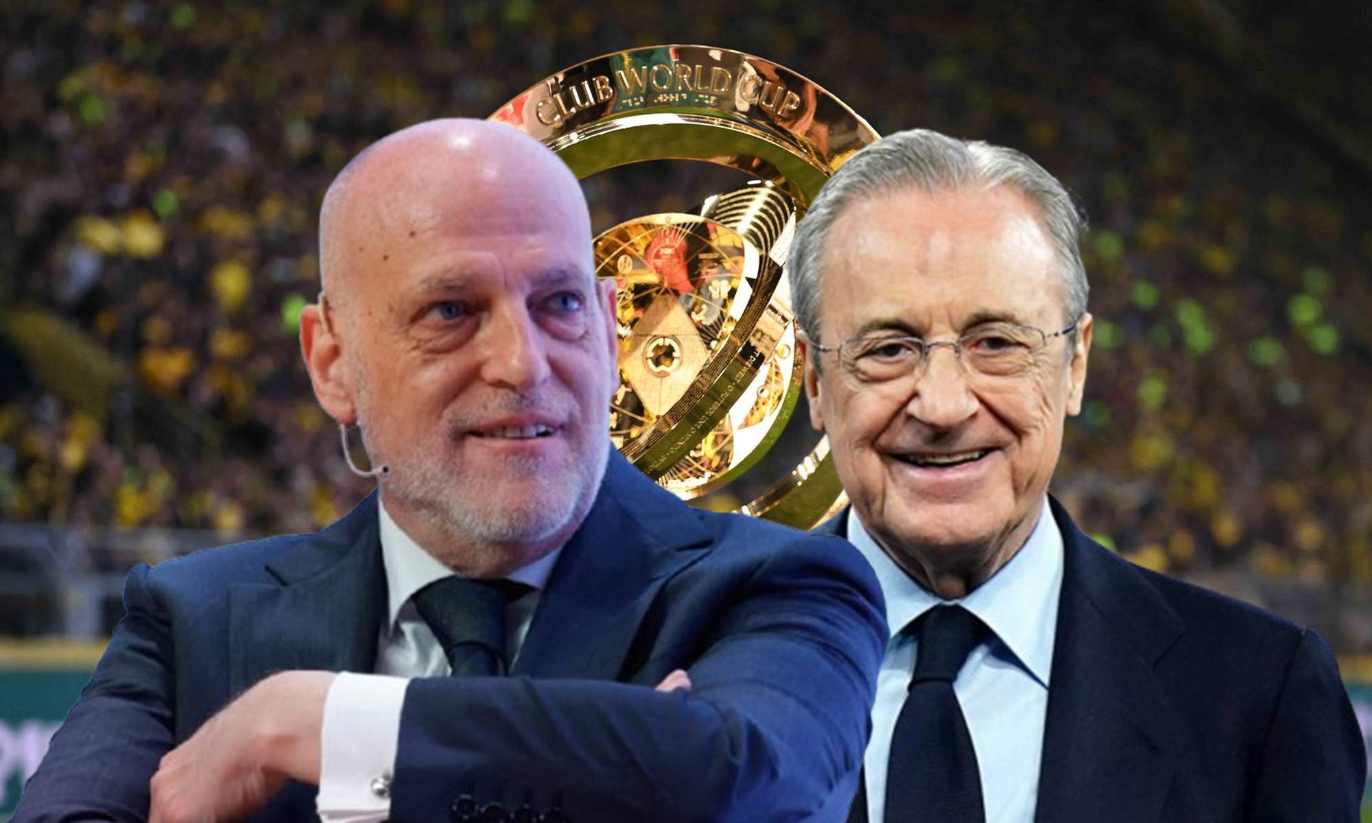Javier Tebas, Florentino Pérez y una foto del trofeo del Mundial de Clubes. 