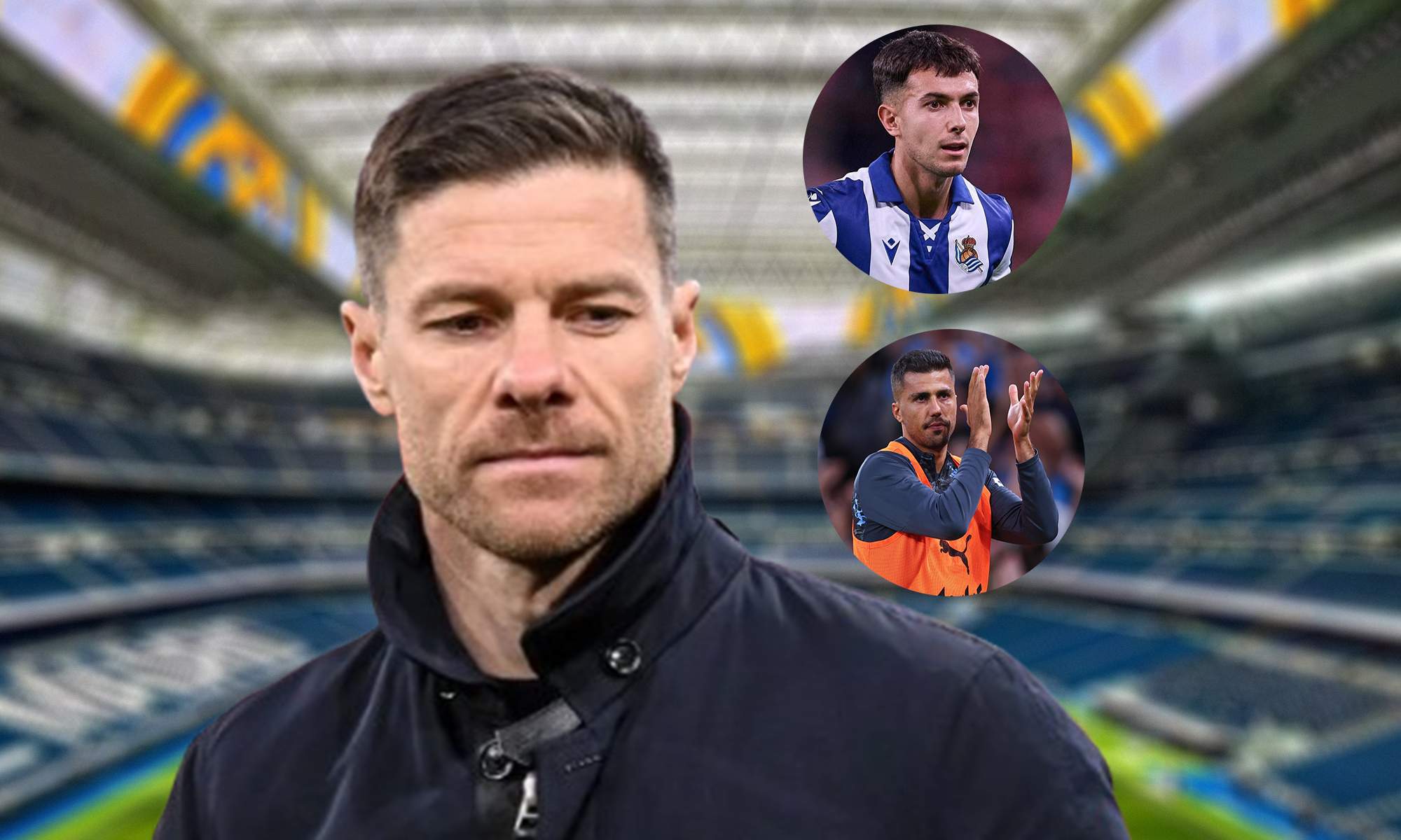 Xabi Alonso y una foto de Martín Zubimendi y Rodri Hernández.