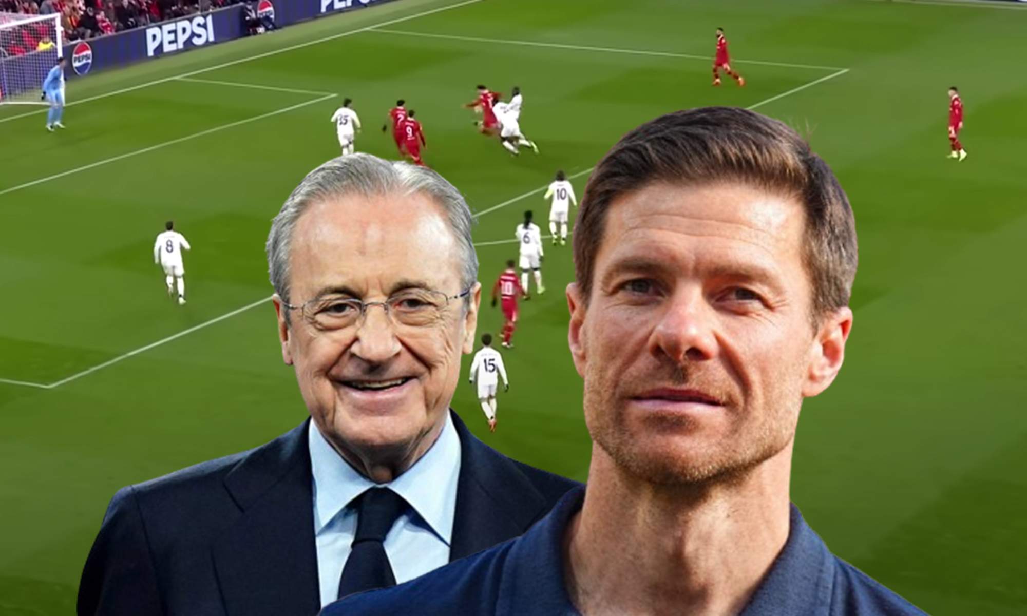 Florentino Pérez, Xabi Alonso y una captura del Liverpool - Real Madrid.
