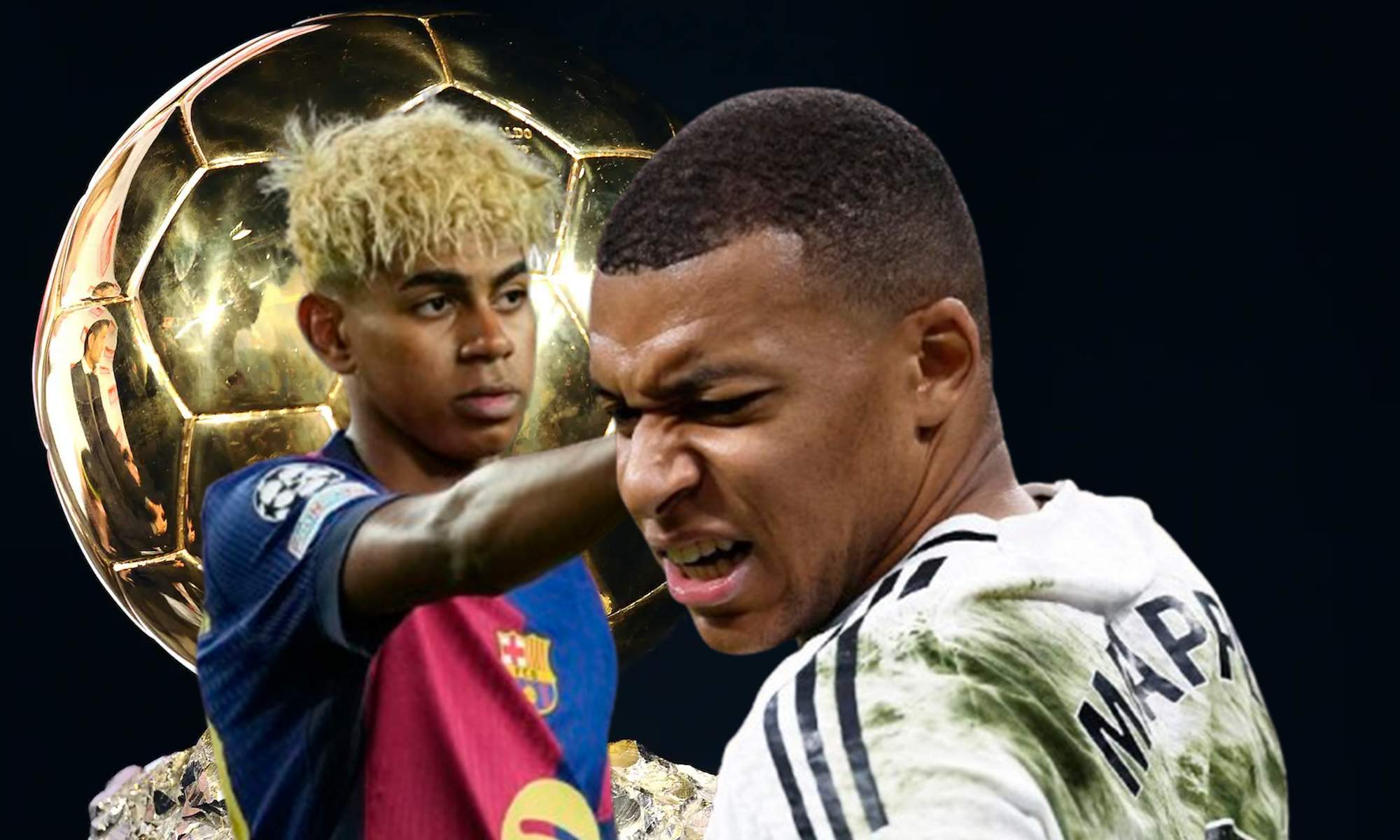Lamine Yamal, Kylian Mbappé y una foto del Balón de Oro.