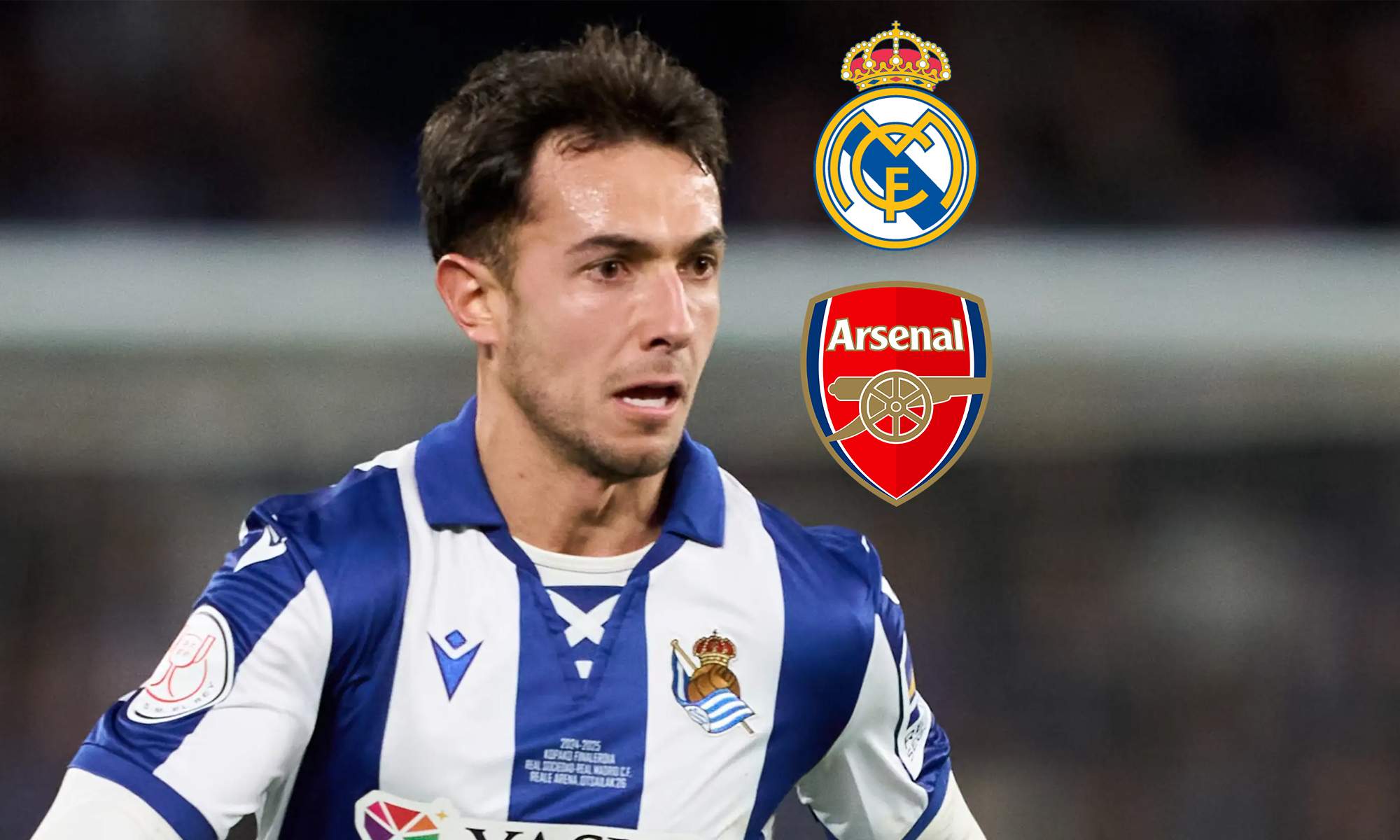 Martín Zubimendi y los escudos del Arsenal y el Real Madrid.