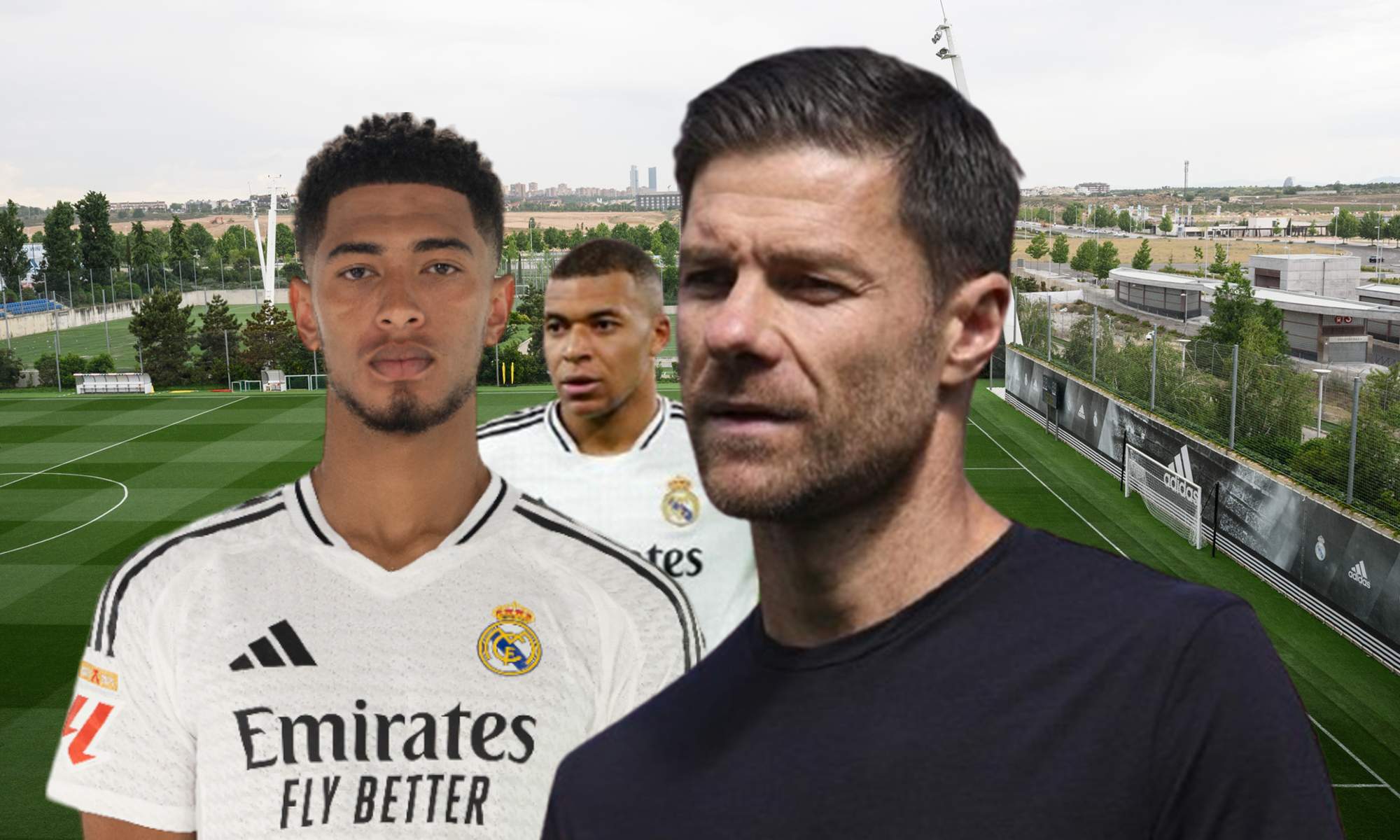 Xabi Alonso, Jude Bellingham, Kylian Mbappé y un campo de entrenamiento de la Ciudad Real Madrid. 