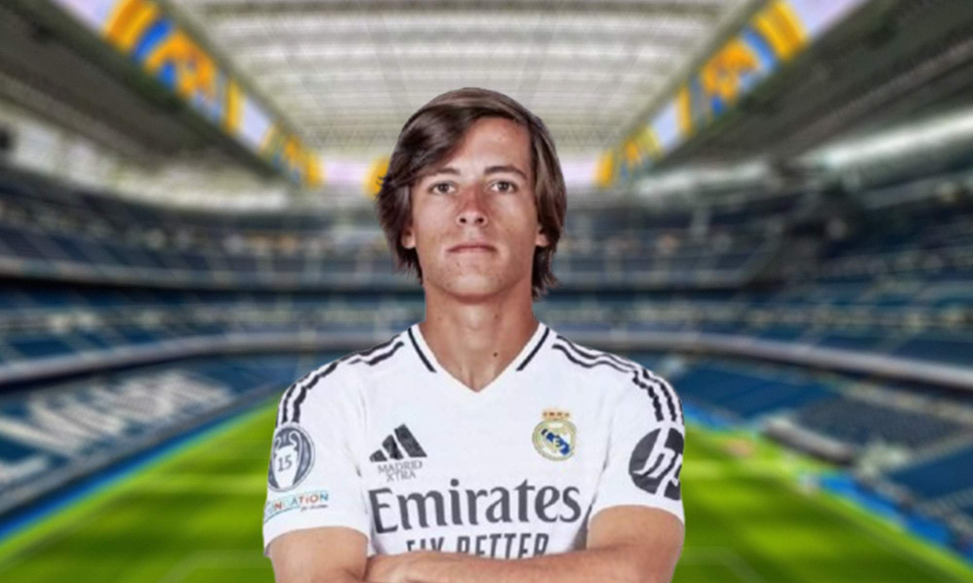 Álvaro Carreras defendiendo la camiseta del Real Madrid y el Santiago Bernabéu.