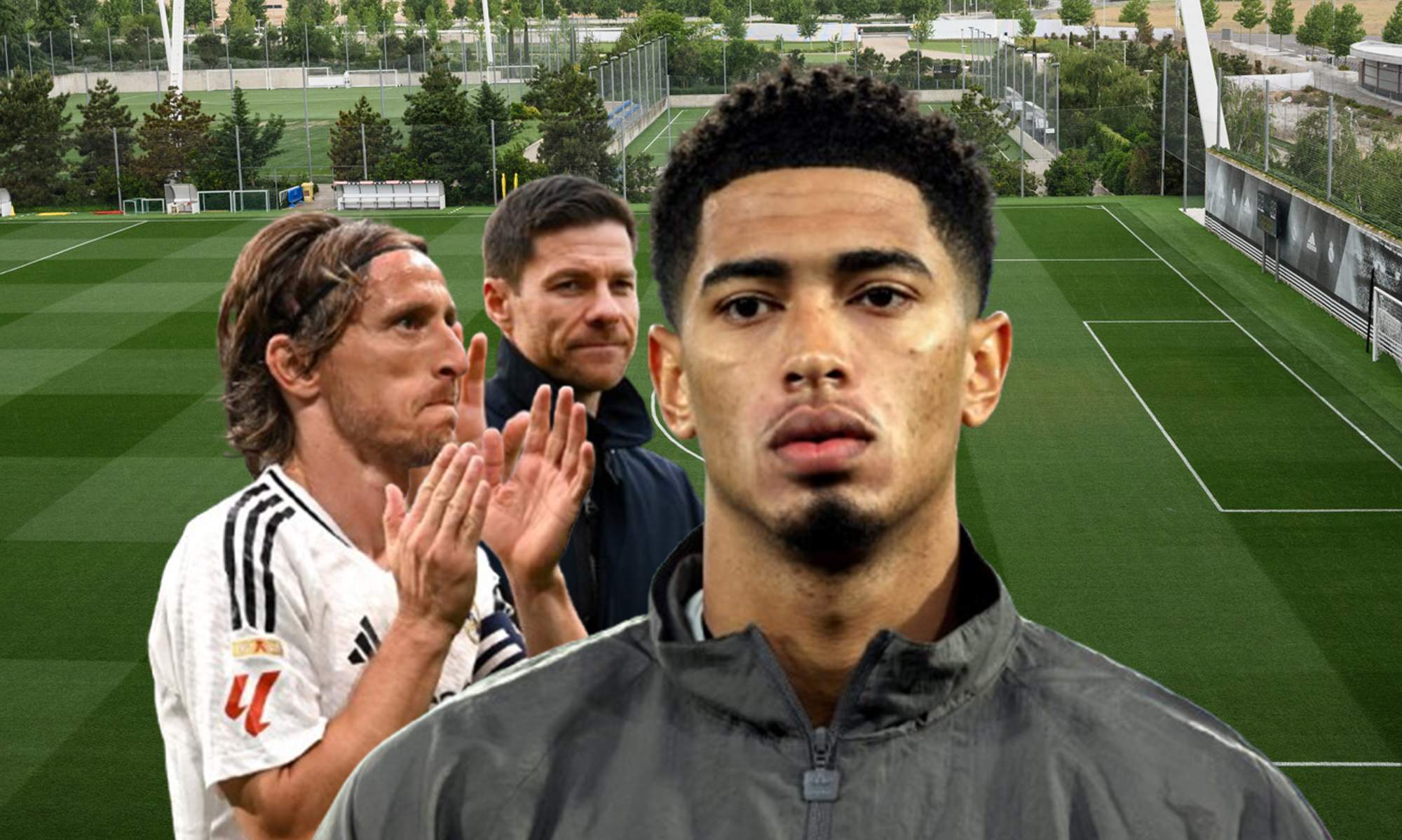 Luka Modric, Xabi Alonso, Jude Bellingham y un campo de Valdebebas. Luka Modric, Xabi Alonso, Jude Bellingham y un campo de Valdebebas.