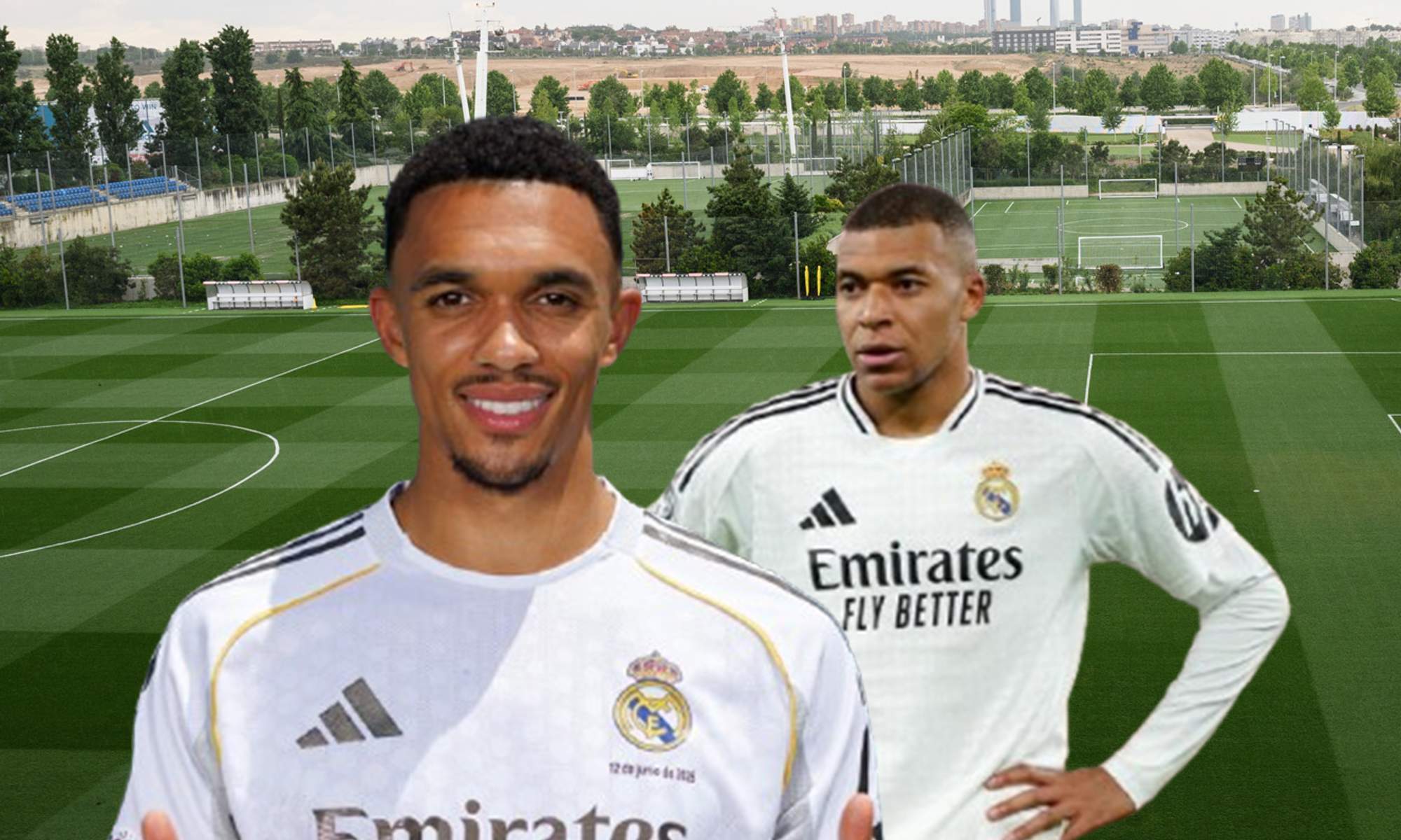 Trent Alexander-Arnold, Kylian Mbappé y un campo de Valdebebas.
