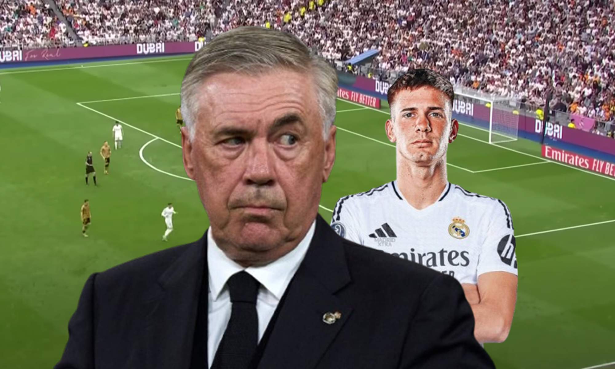 Carlo Ancelotti, Franco Mastantuono y una captura del Real Madrid - Real Sociedad.