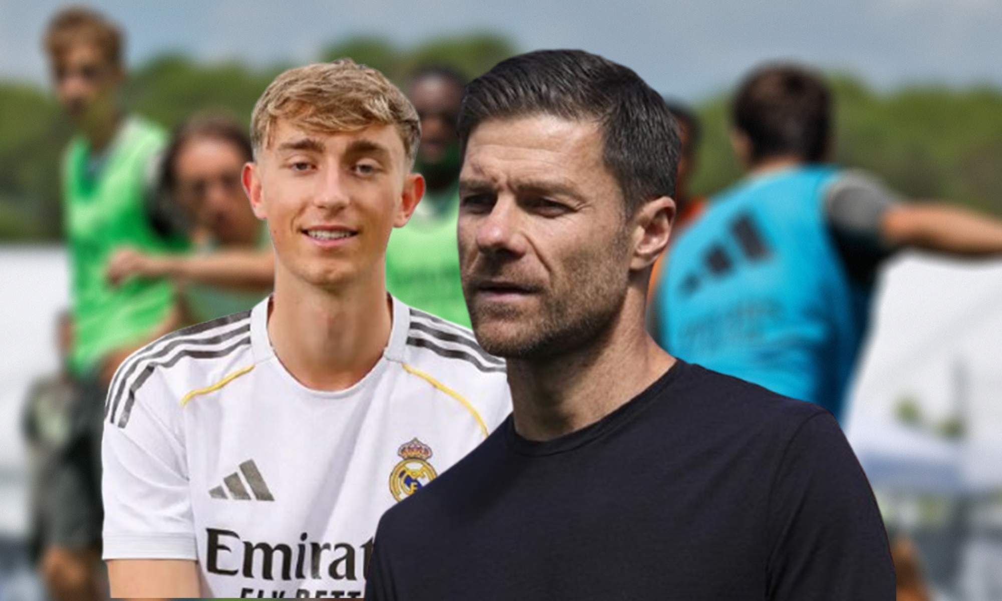 Dean Huijsen, Xabi Alonso y un entrenamiento del Real Madrid.