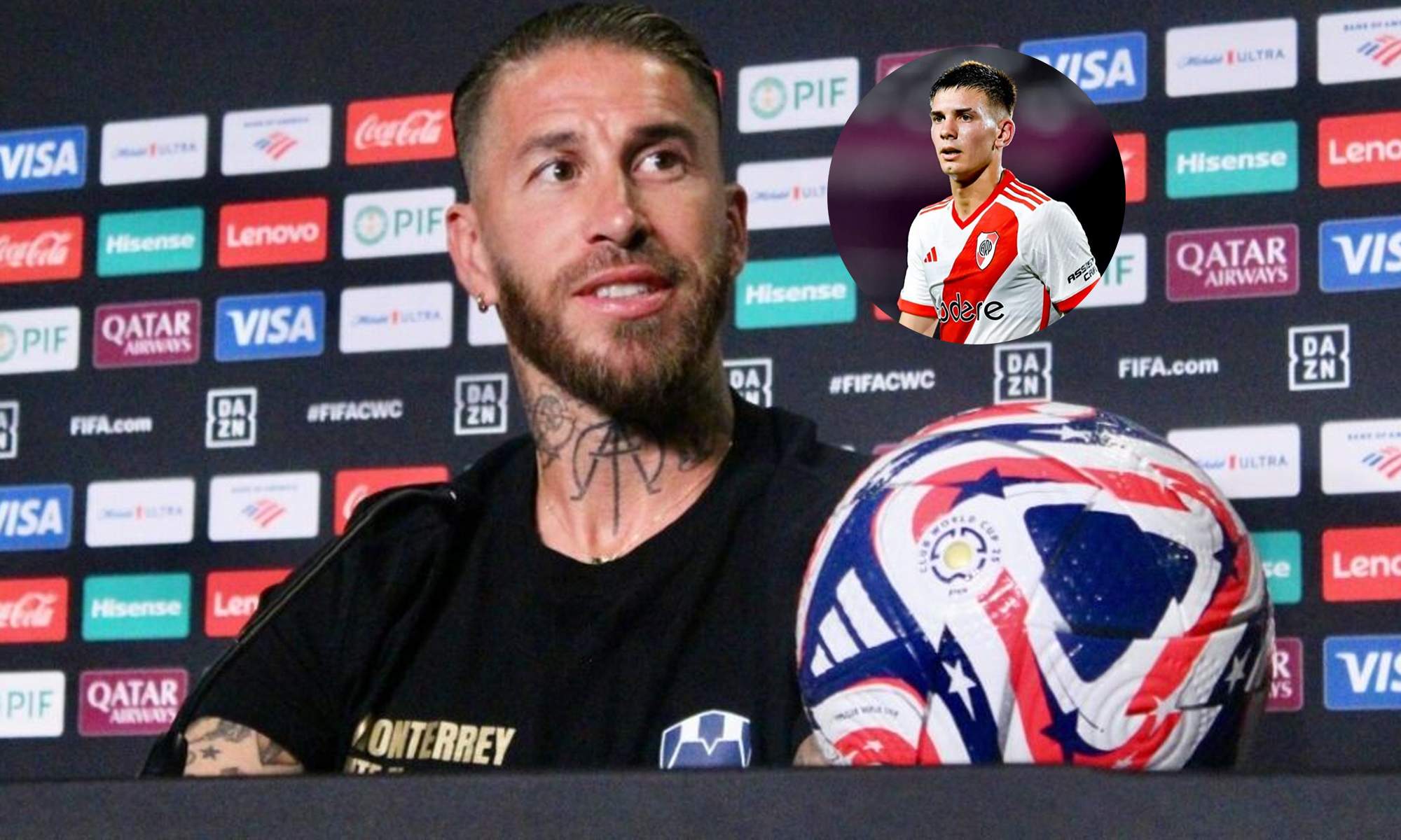 Sergio Ramos y una foto de Franco Mastantuono.