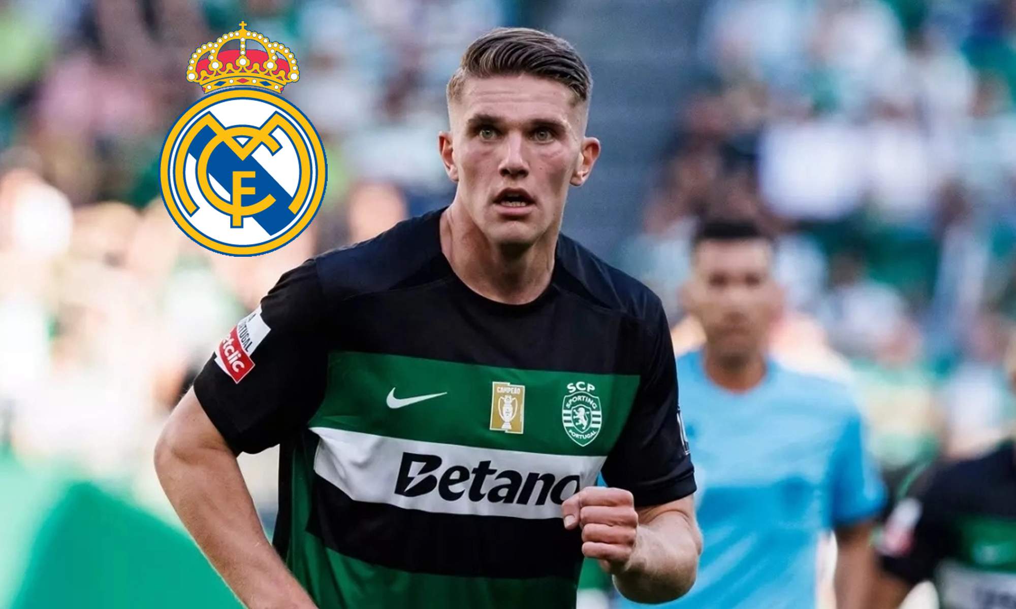 Viktor Gyokeres y el escudo del Real Madrid.