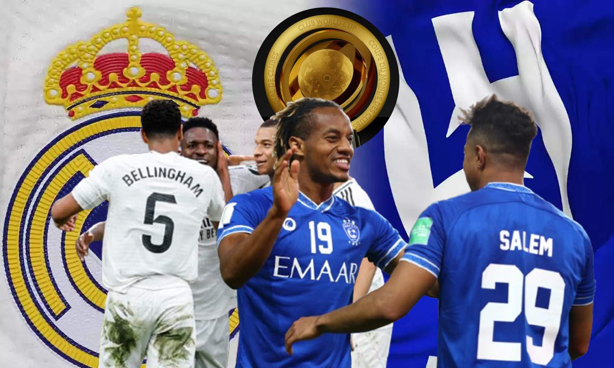 Jugadores del Real Madrid y el Al Hilal y el trofeo del Mundial de Clubes.