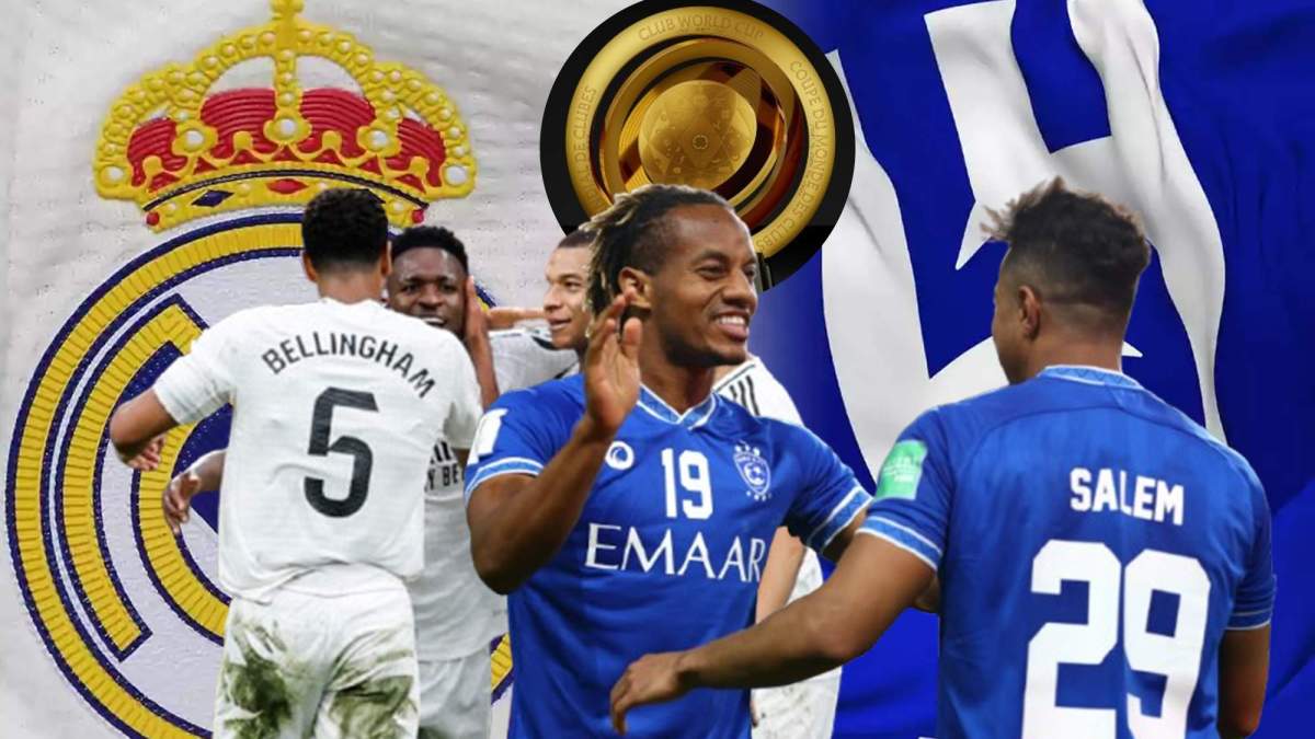 Jugadores del Real Madrid y el Al Hilal y el trofeo del Mundial de Clubes.