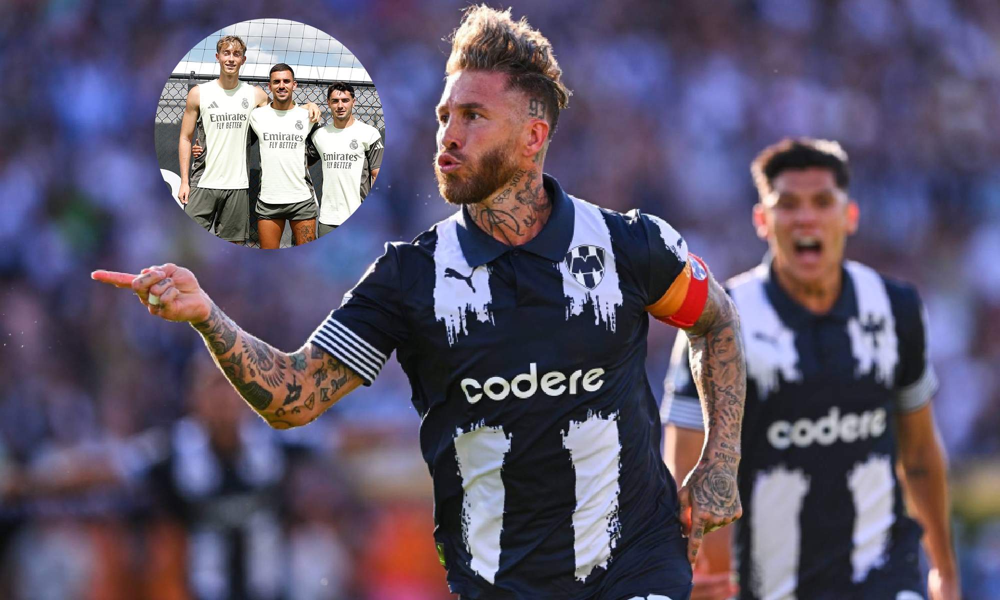 Sergio Ramos celebrando un gol y jugadores del Real Madrid en un entrenamiento.