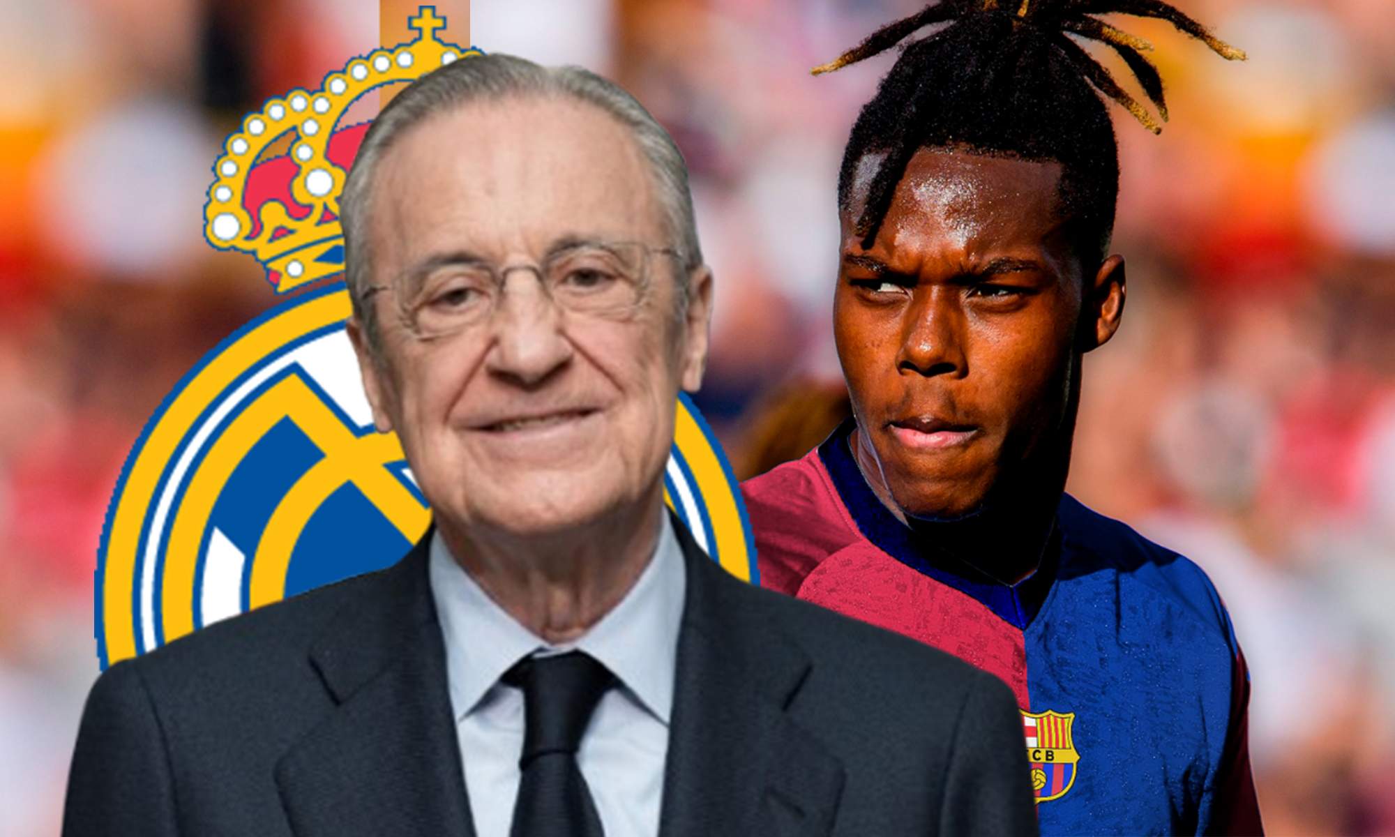 Florentino Pérez, escudo del Real Madrid y Nico Williams con la camiseta del Barça.