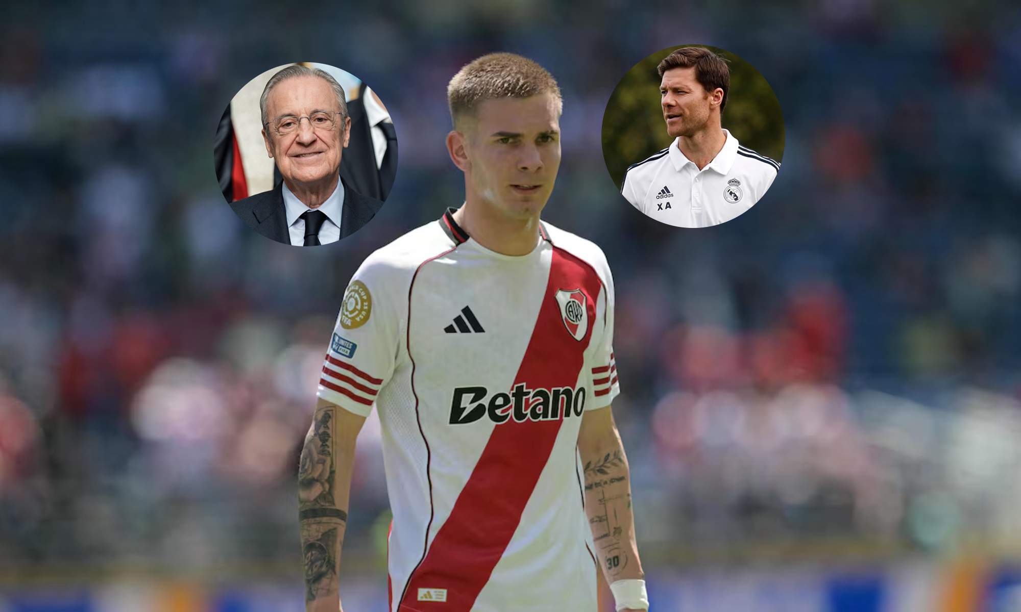 Franco Mastantuono jugando con River Plate, una foto de Florentino Pérez y otra de Xabi Alonso.