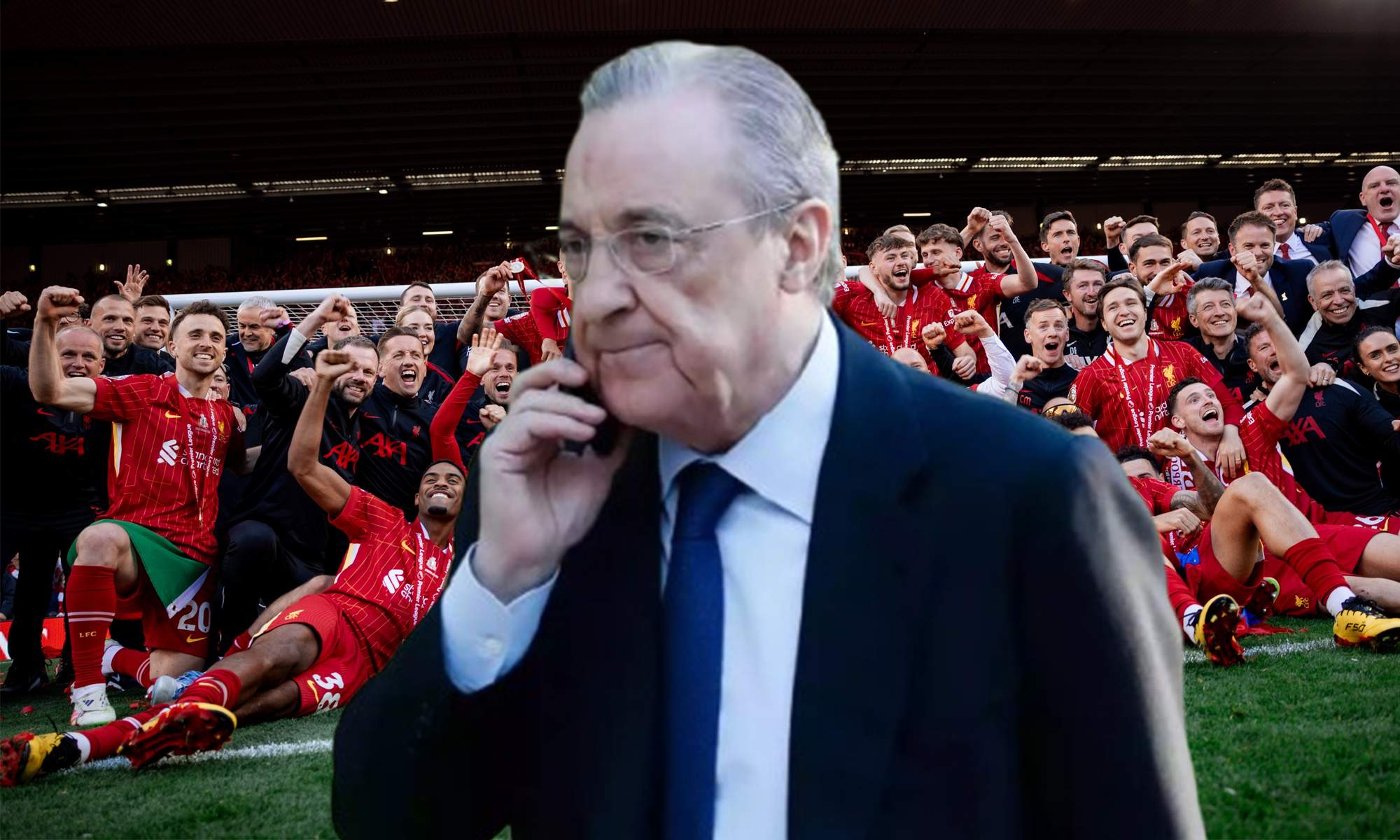 Florentino Pérez hablando por teléfono y jugadores del Liverpool.