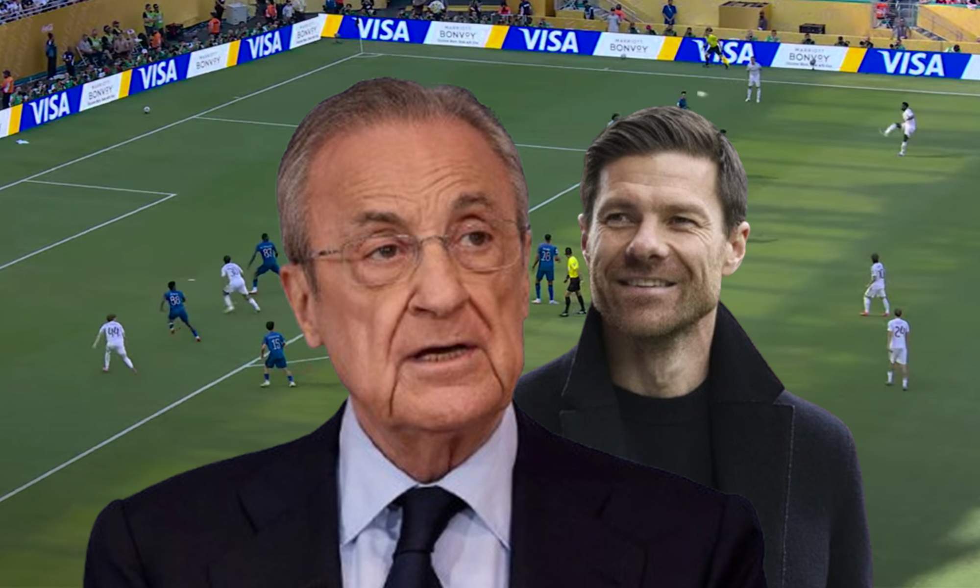 Florentino Pérez, Xabi Alonso y una captura del Real Madrid - Al Hilal.