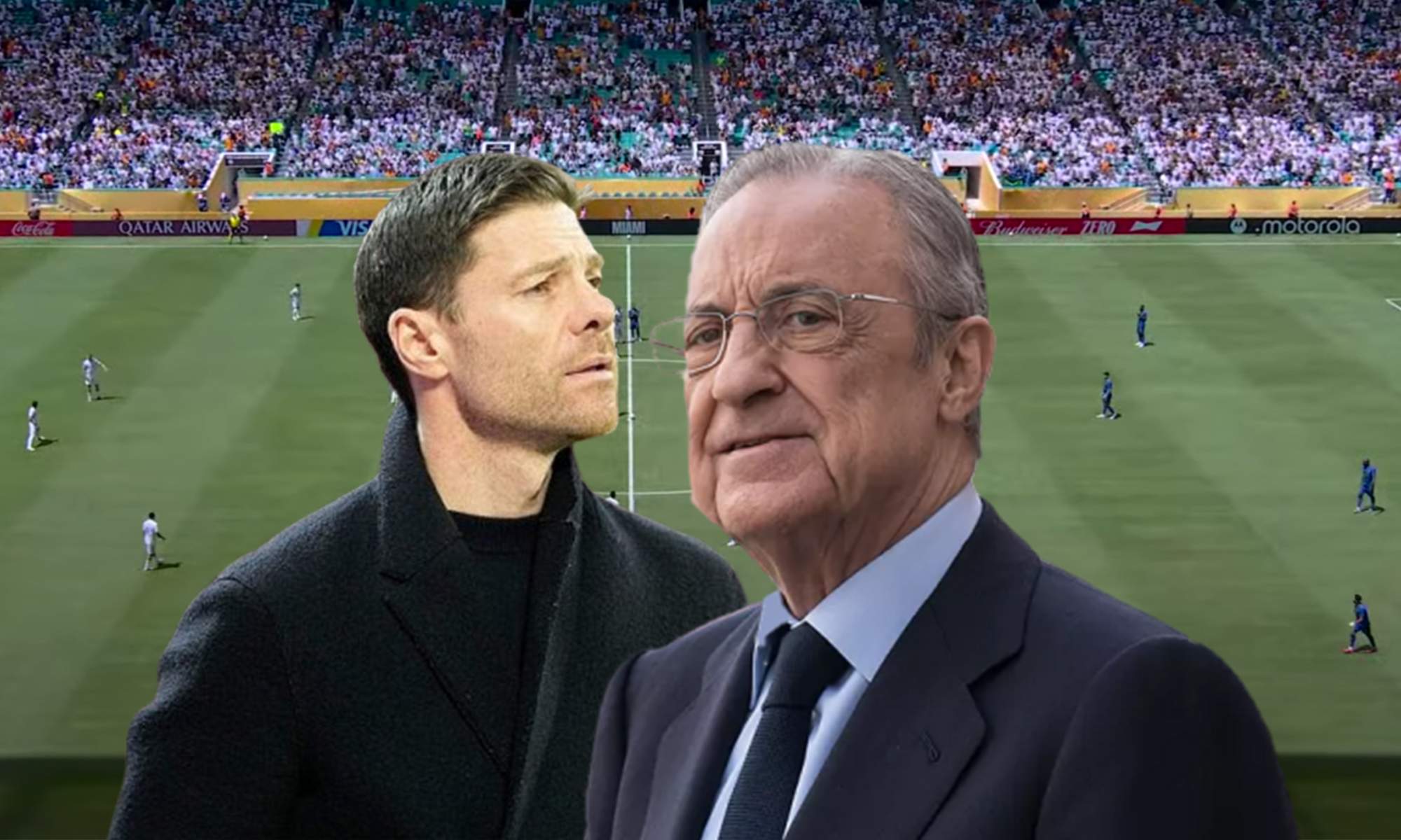 Xabi Alonso, Florentino Pérez y una captura del Real Madrid - Al Hilal.