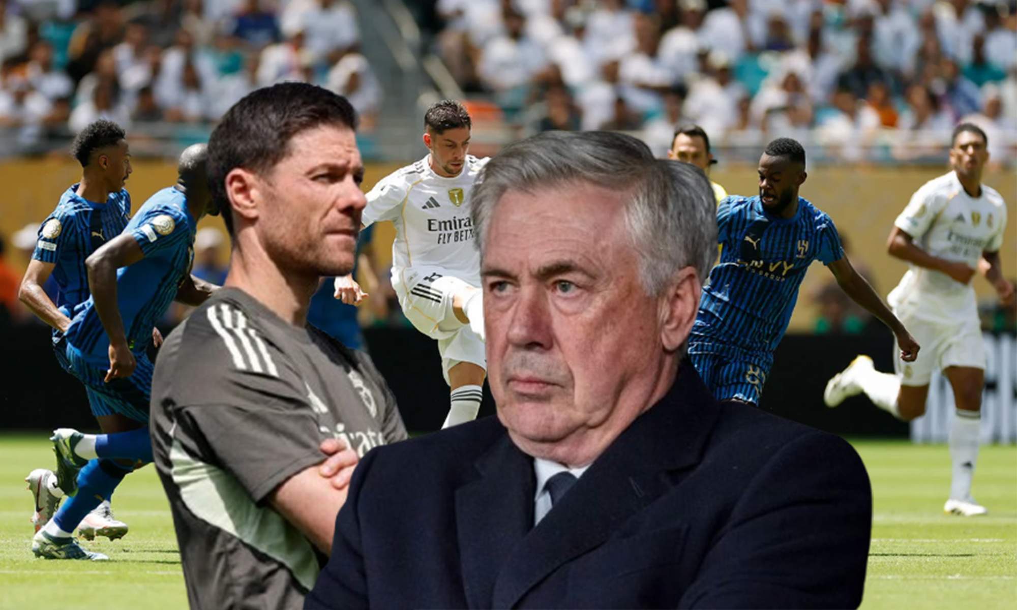 Xabi Alonso, Carlo Ancelotti y una captura del Real Madrid - Al Hilal.