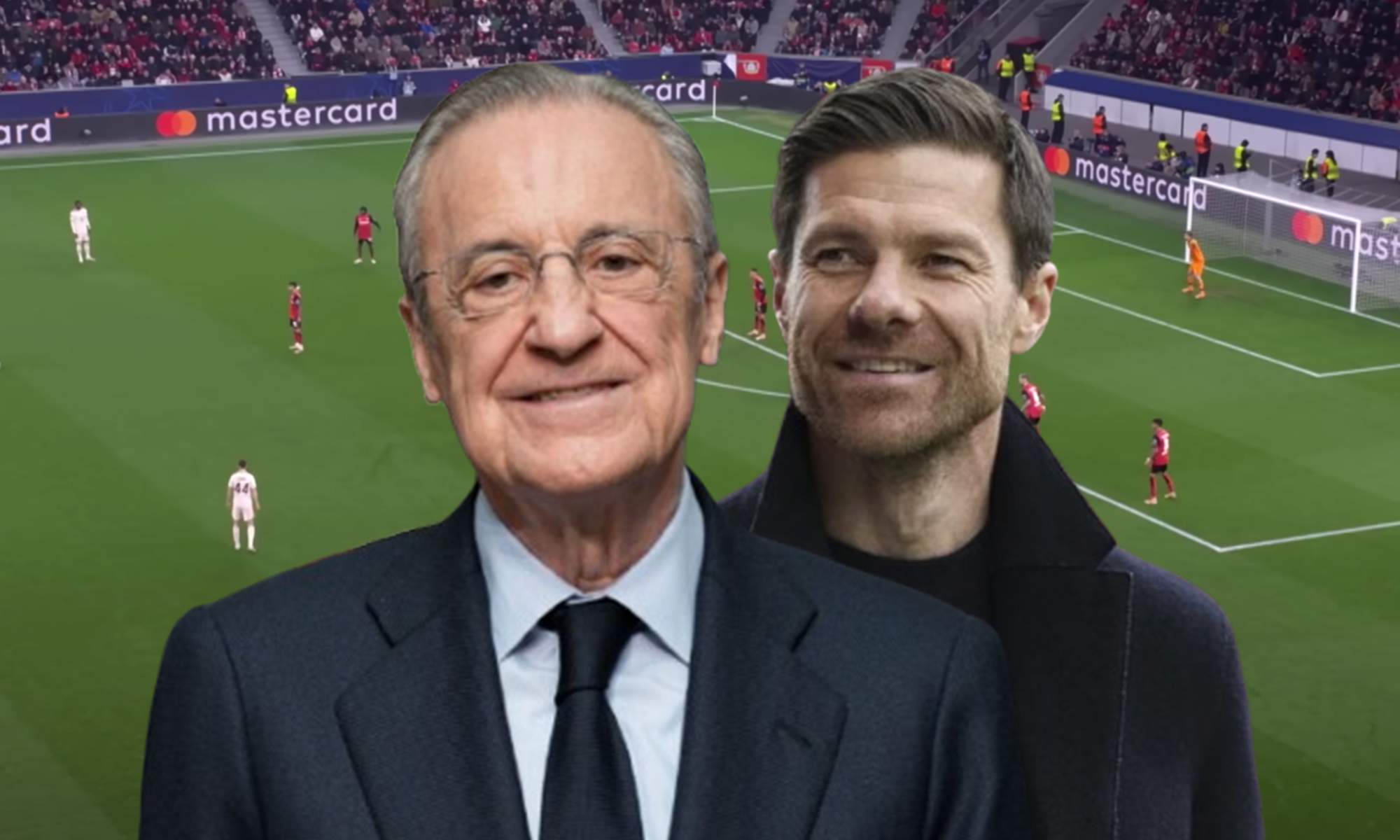 Florentino Pérez, Xabi Alonso y una captura del Bayer Leverkusen - Bayern de Múnich.