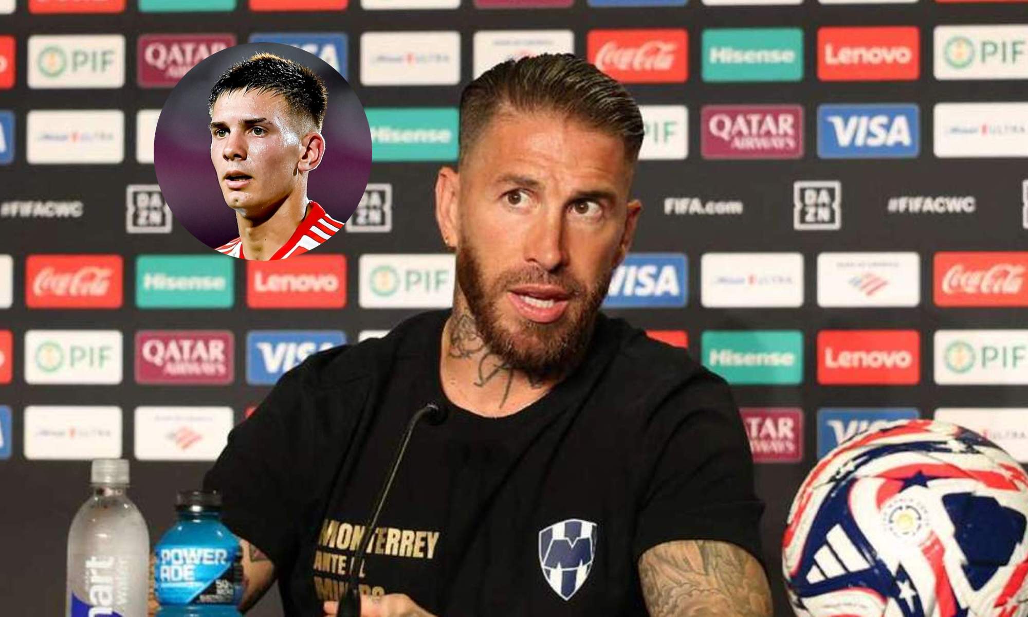 Sergio Ramos y una foto de Franco Mastantuono. 
