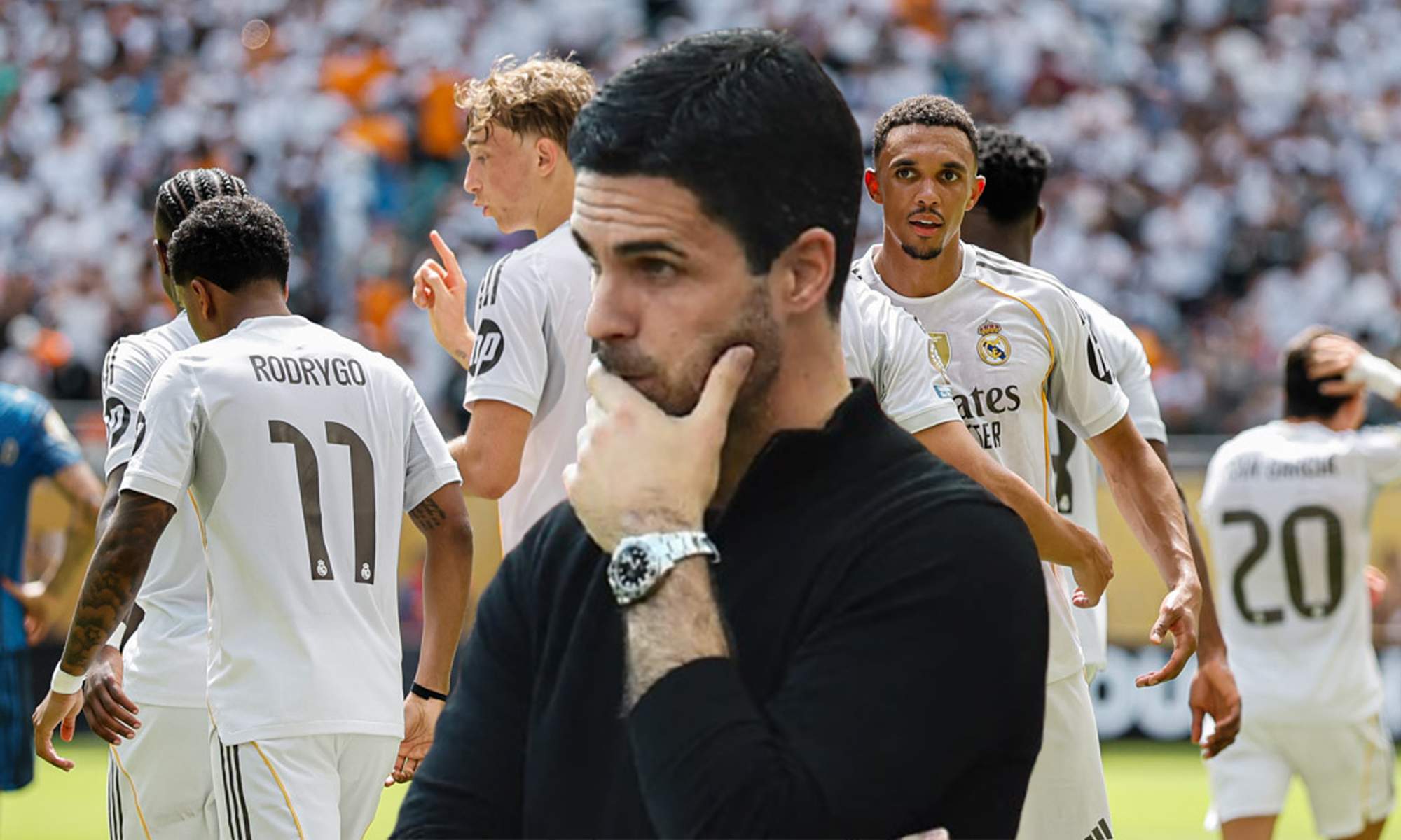 Mikel Arteta y jugadores del Real Madrid celebrando un gol. 