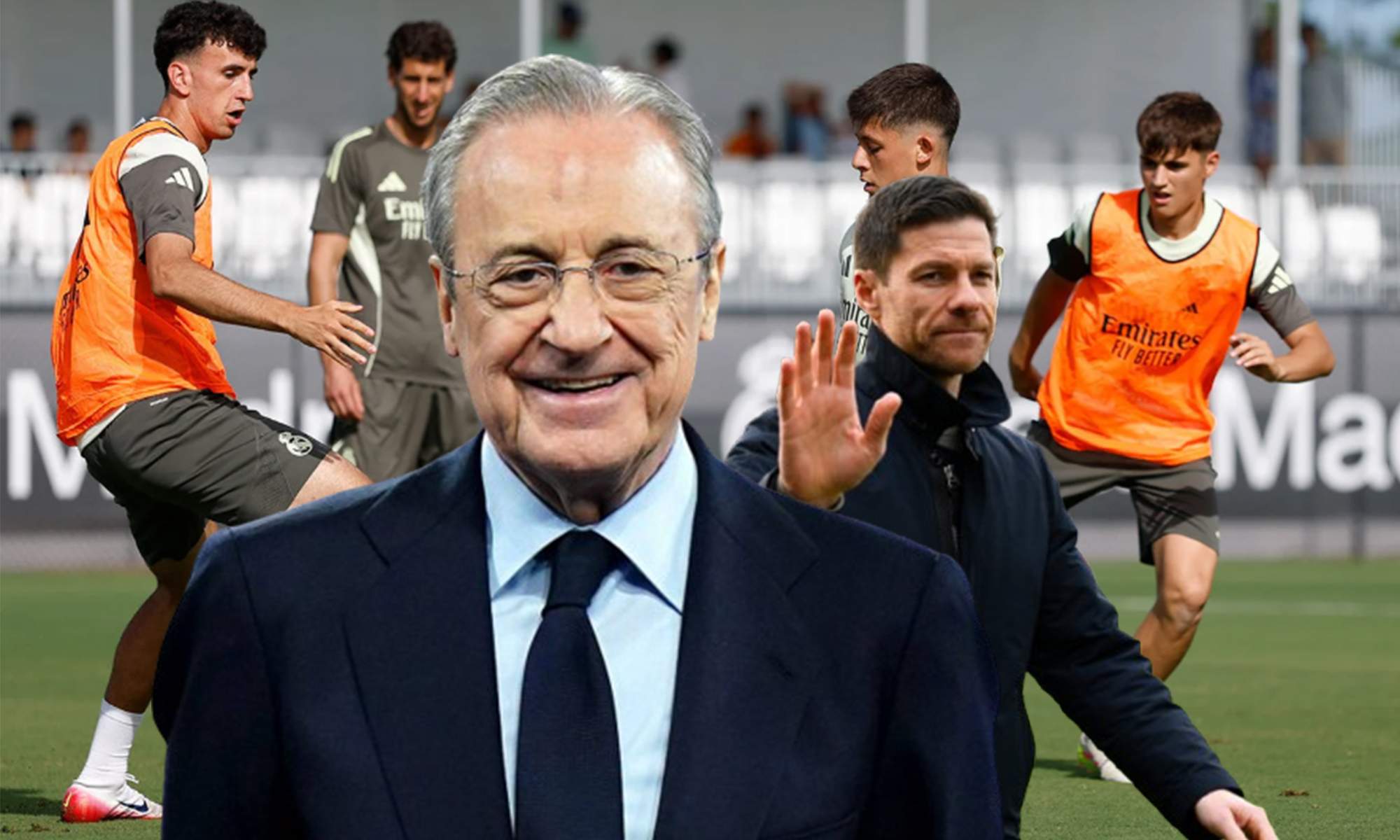 Florentino Pérez, Xabi Alonso y una captura de un entrenamiento del Real Madrid.