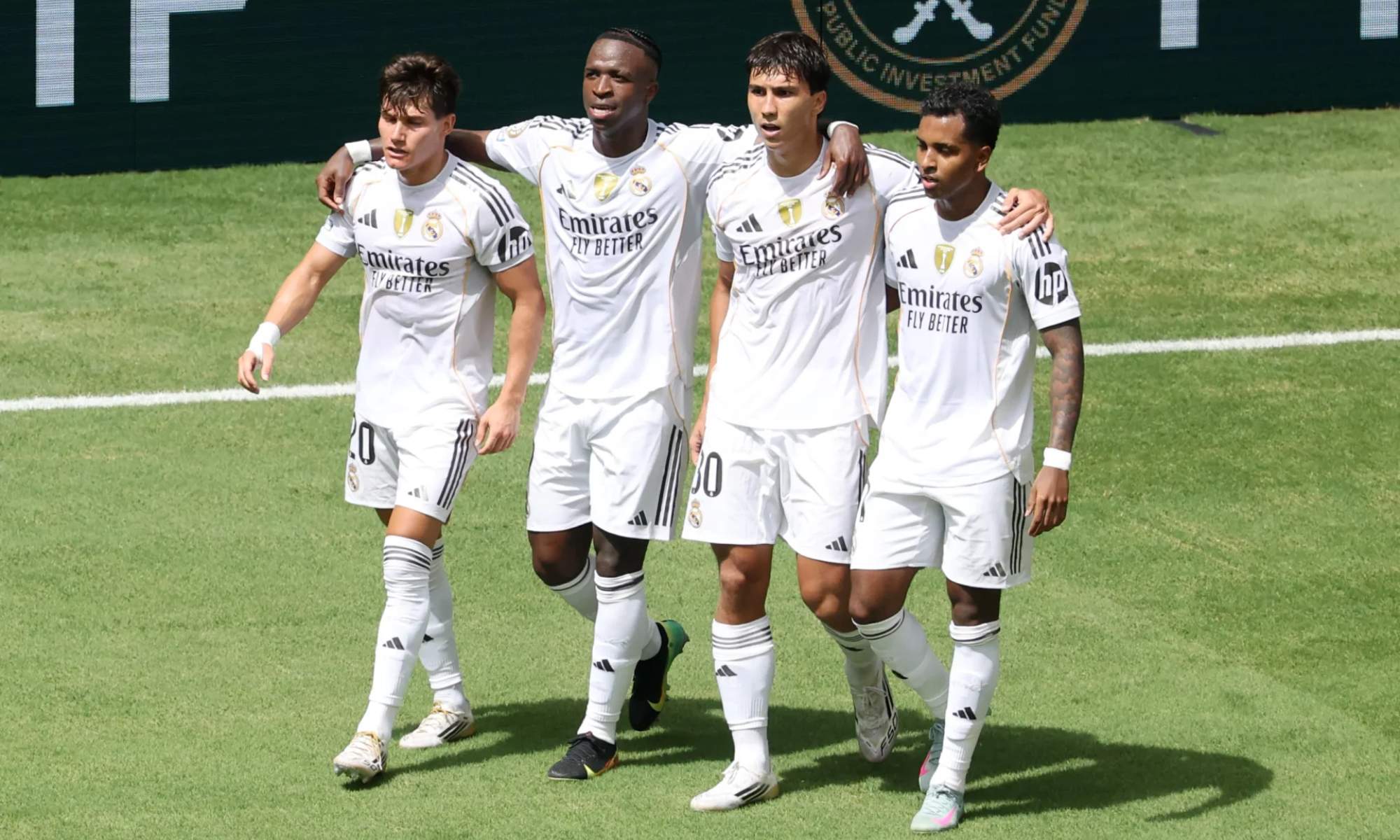 Fran García, Vinicius, Gonzalo y Rodrygo, celebrando el gol del delantero canterano, en el enfrentamiento del Real Madrid ante el Al-Hilal del miércoles.