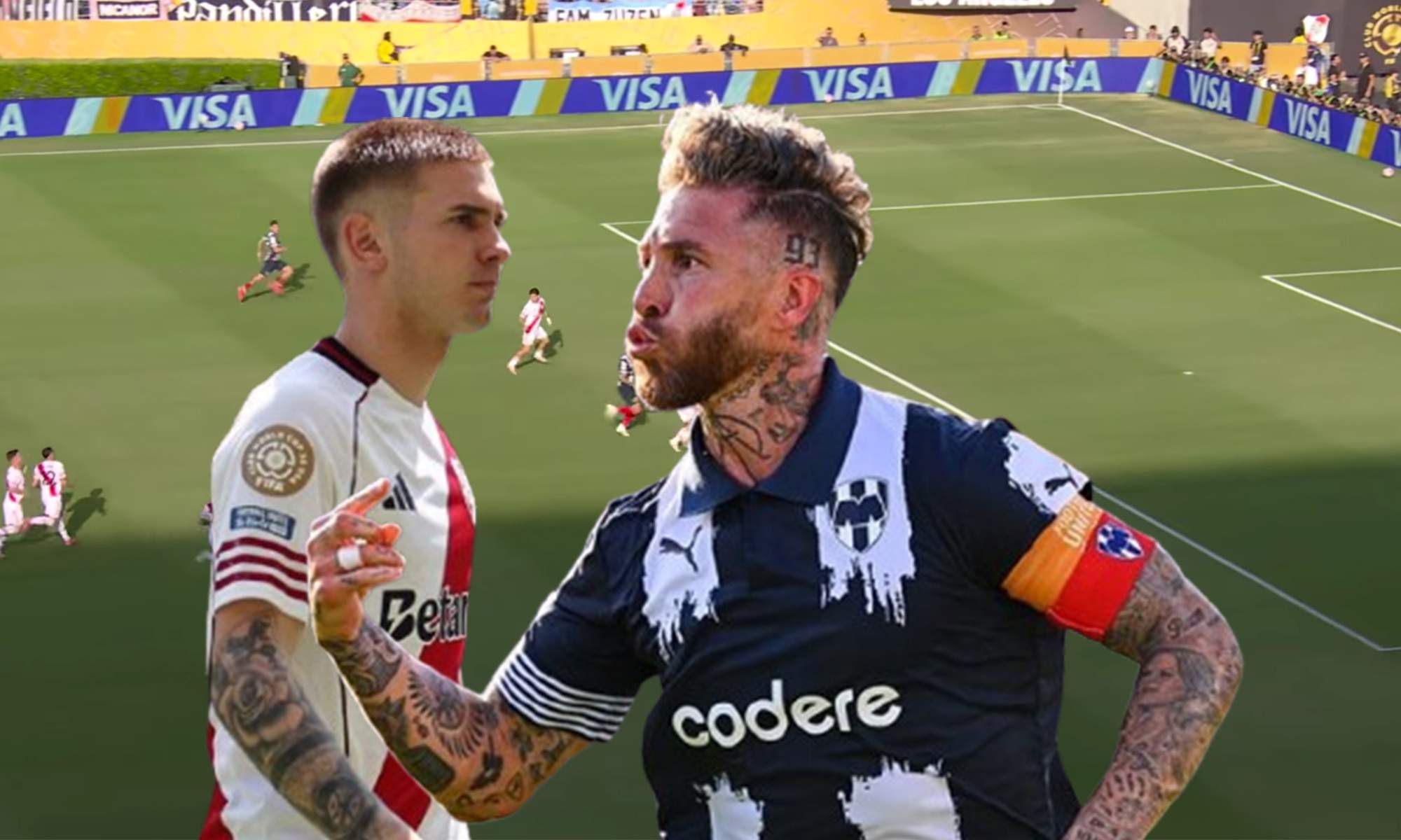 Franco Mastantuono, Sergio Ramos y una captura del River Plate - Monterrey.