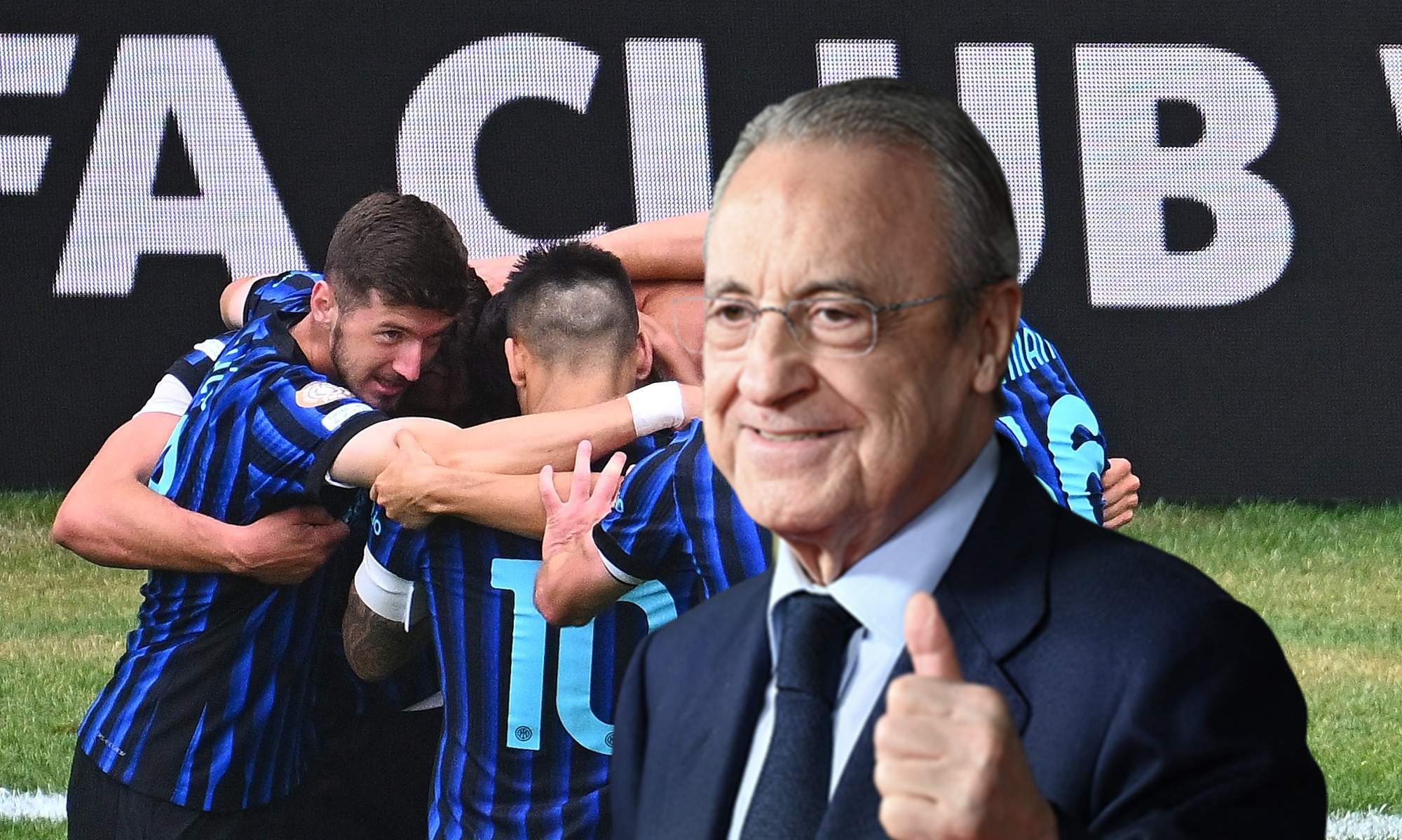 Florentino Pérez y los jugadores del Inter de Milán celebrando un gol. 