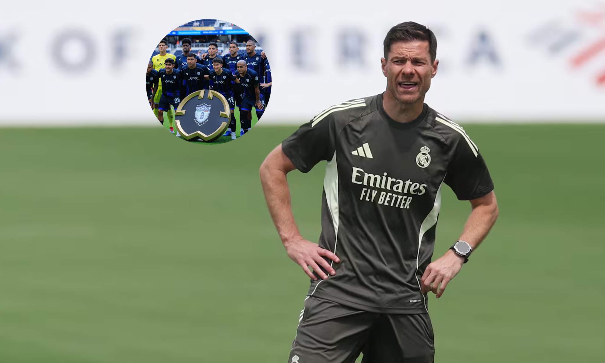 Xabi Alonso y una foto de los jugadores del Pachuca en el Mundial. 