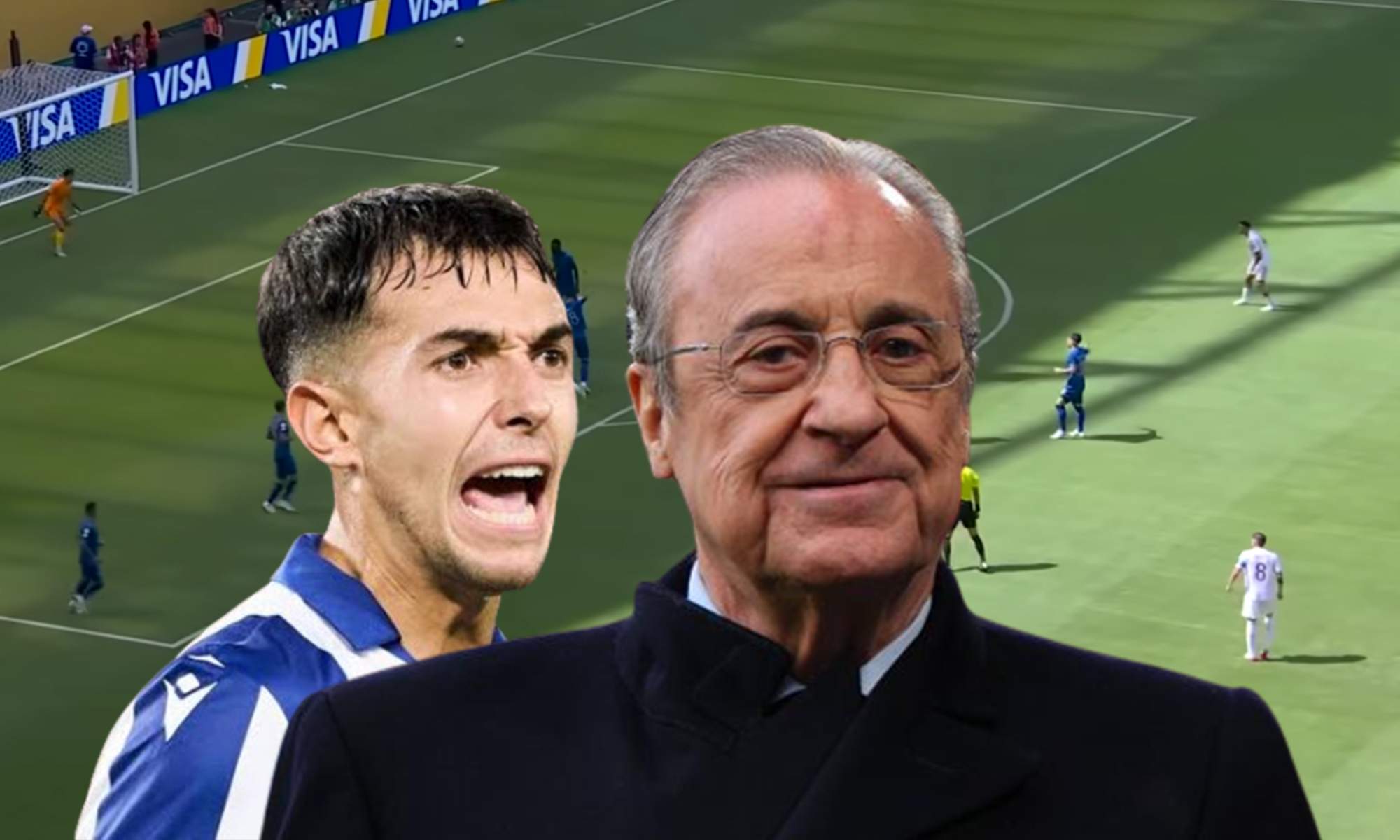 Martín Zubimendi, Florentino Pérez y una foto del Real Madrid - Al Hilal. 