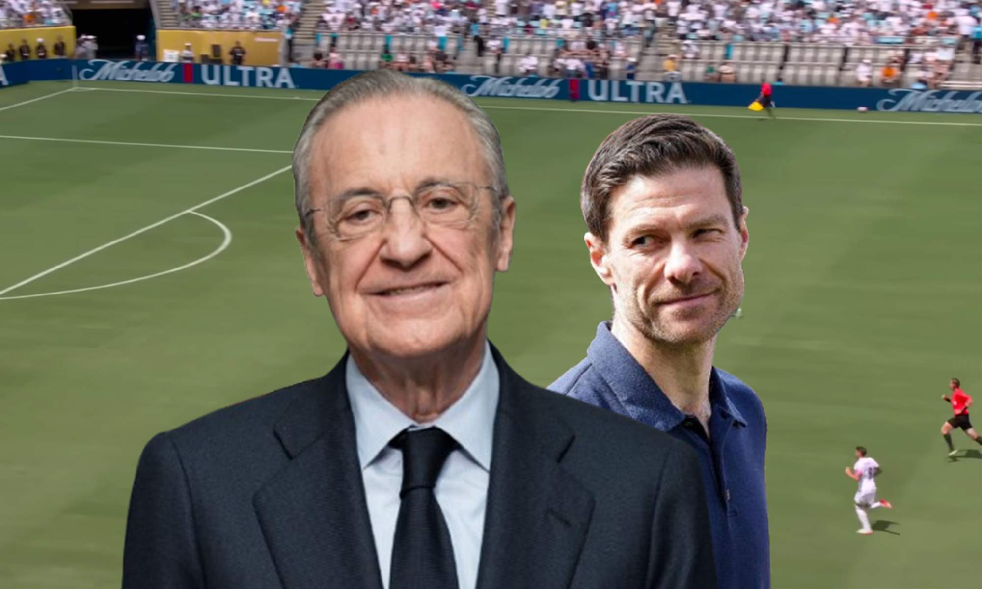 Florentino Pérez, Xabi Alonso y una captura del Real Madrid - Pachuca. 