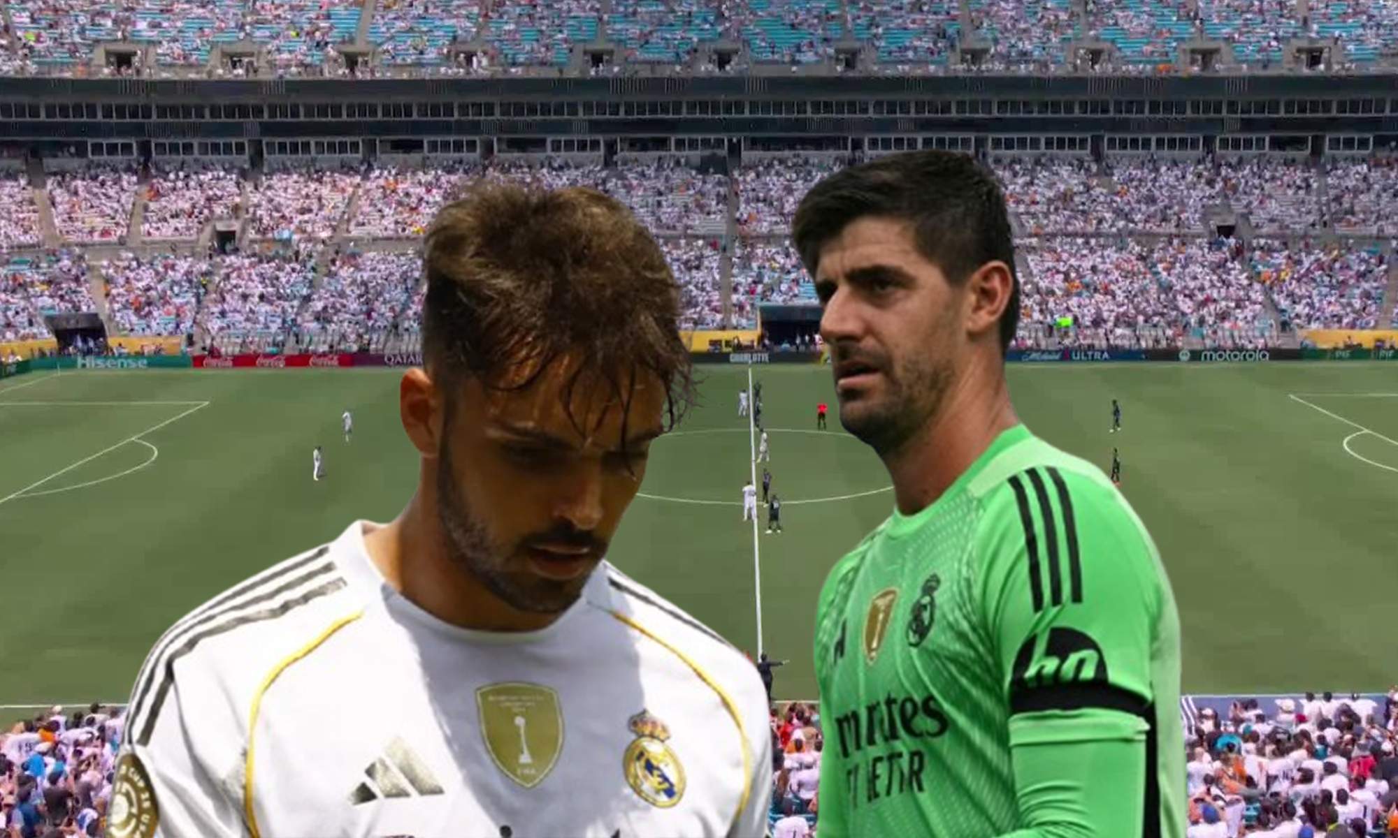 Raúl Asencio, Thibaut Courtois y una captura del Real Madrid - Pachuca. 