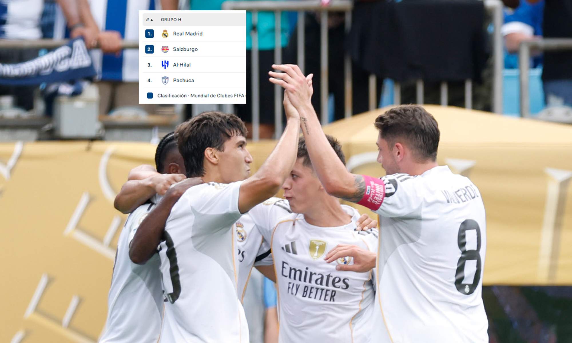Jugadores del Real Madrid y una captura de la clasificación de la fase de grupos.