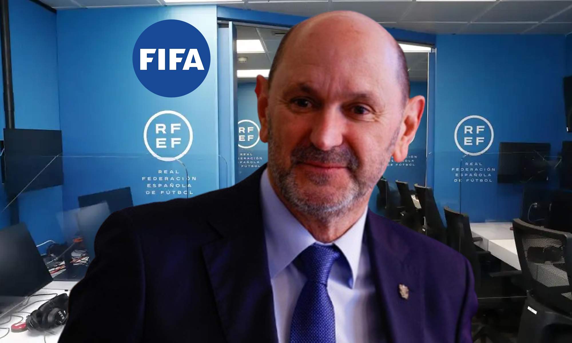 Louzán, el logo de la FIFA y una sala VAR de España. 