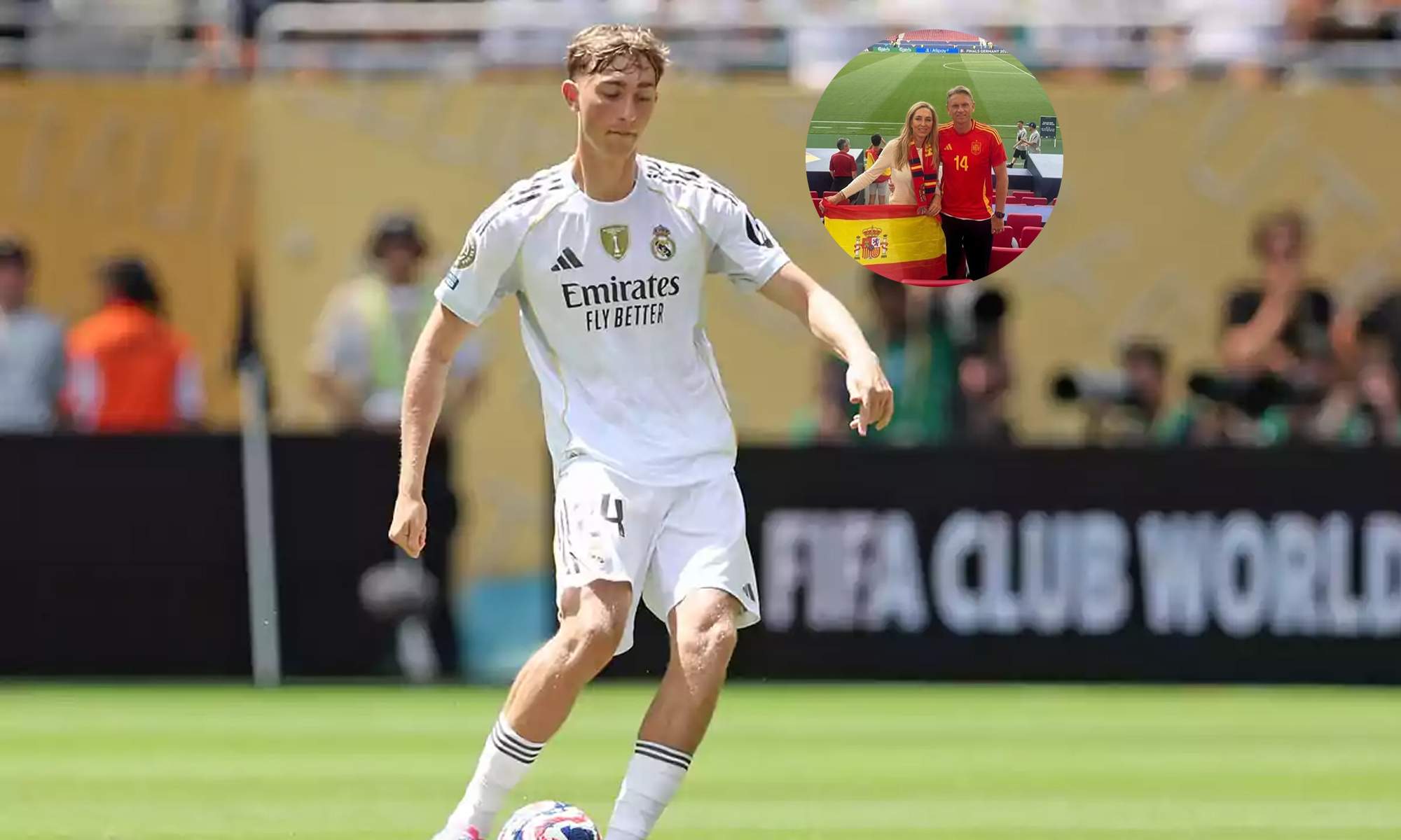 Dean Huijsen jugando con el Real Madrid y una foto de sus padres animando a España.