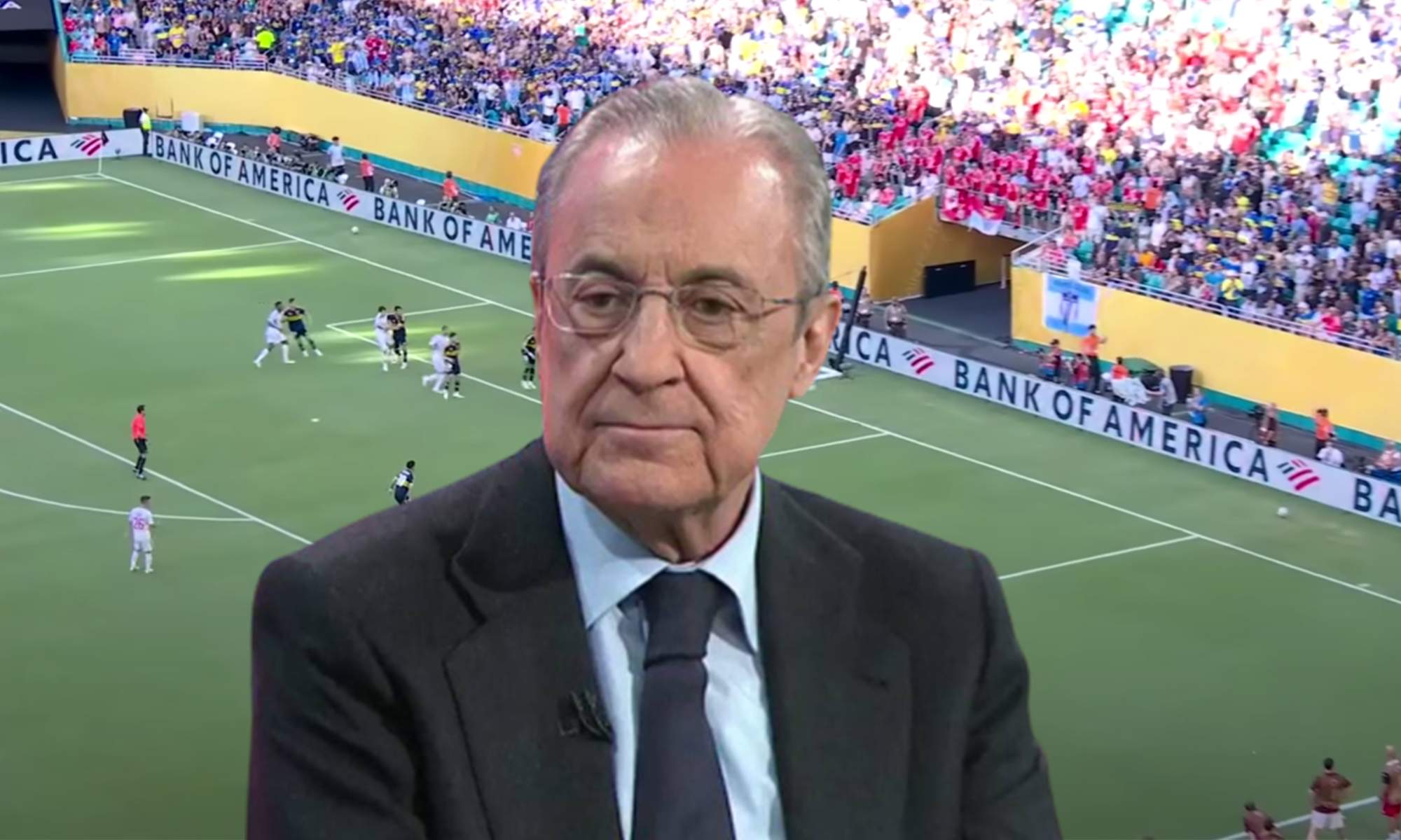 Florentino Pérez y una captura del Boca Juniors - Benfica. 