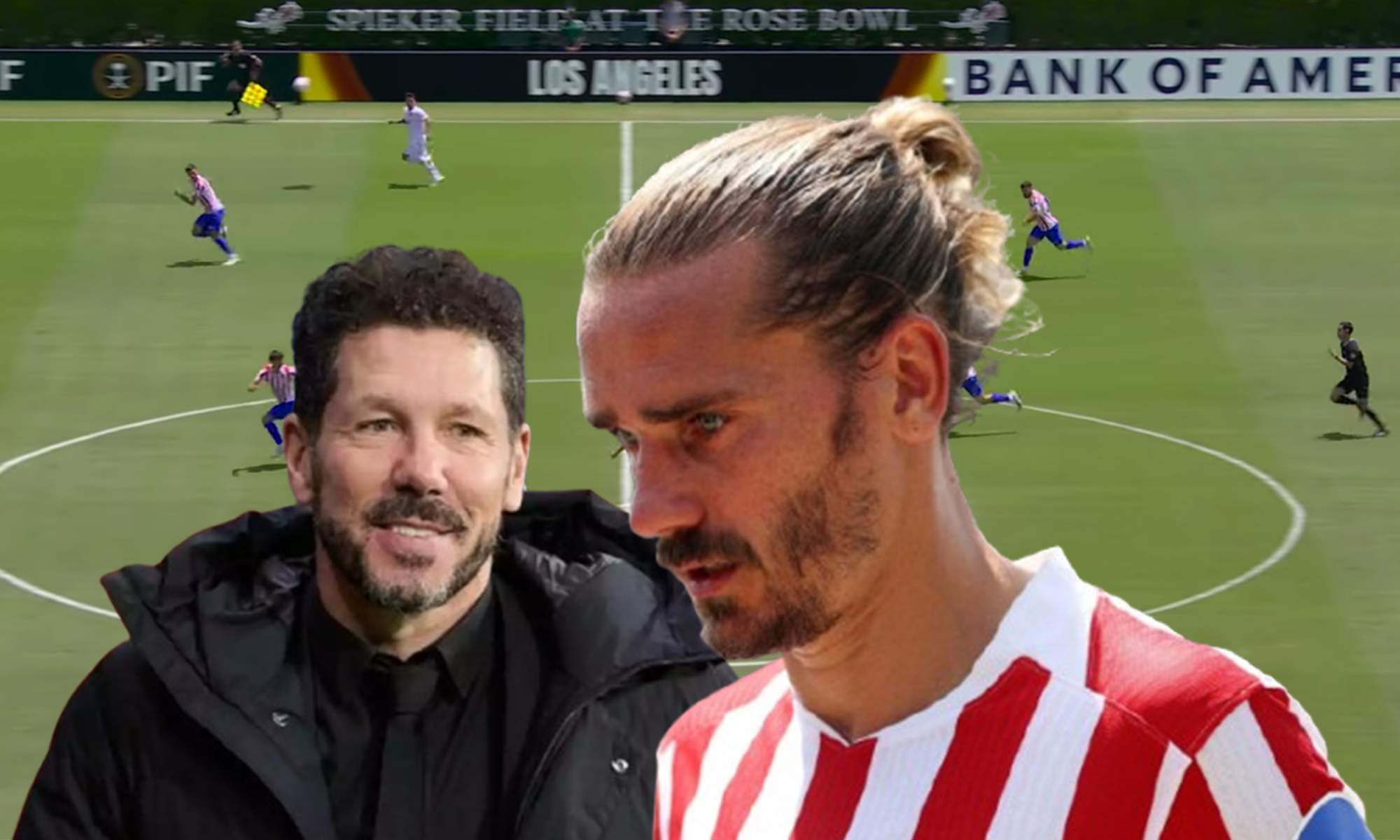 Diego Simeone, Antone Griezmann y una captura del Atlético de Madrid - Botafogo. 