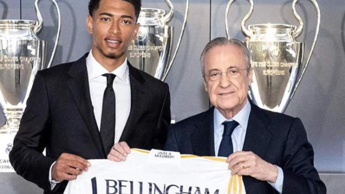 Bellingham con Florentino en el día de su presentación