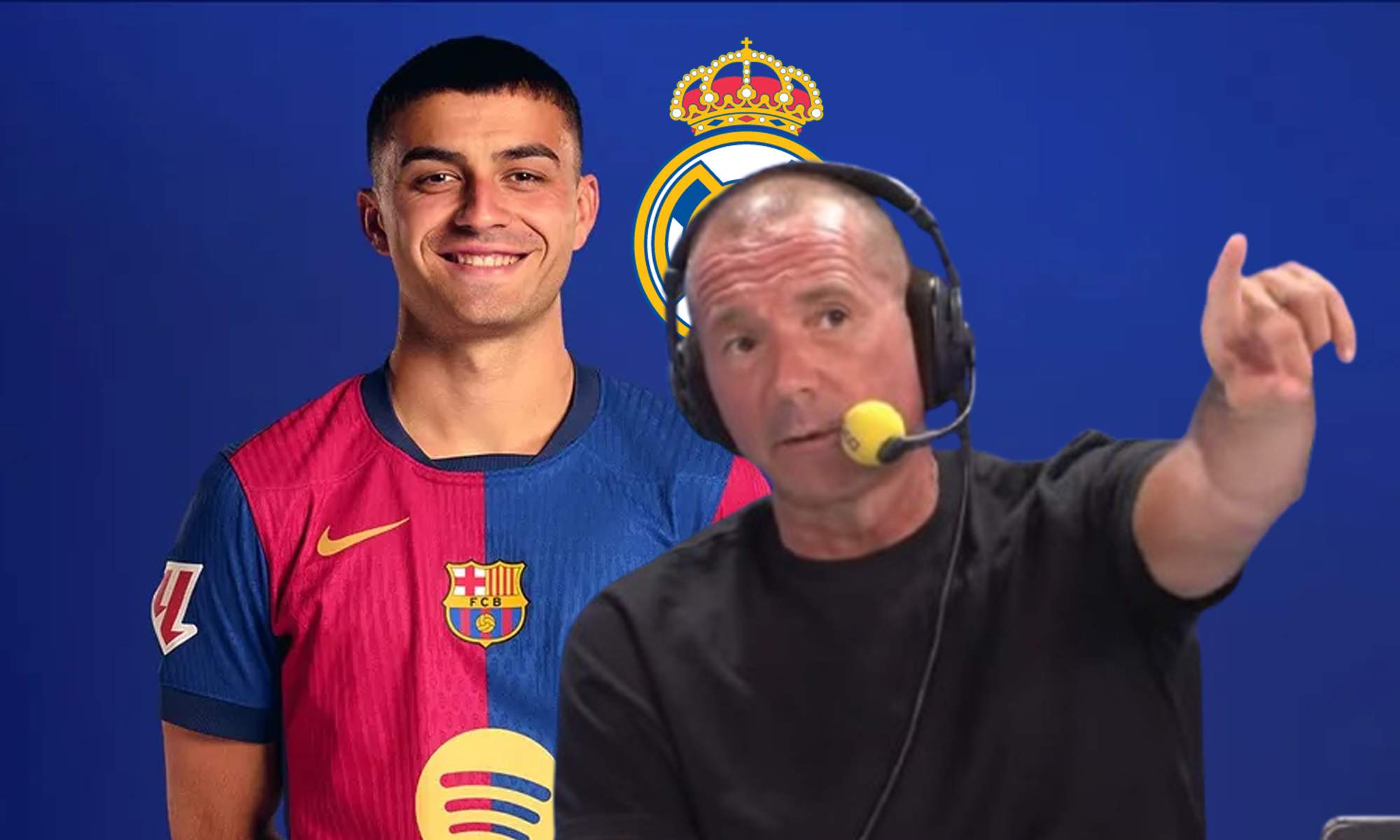 Manu Carreño, Pedri y un escudo del Real Madrid.