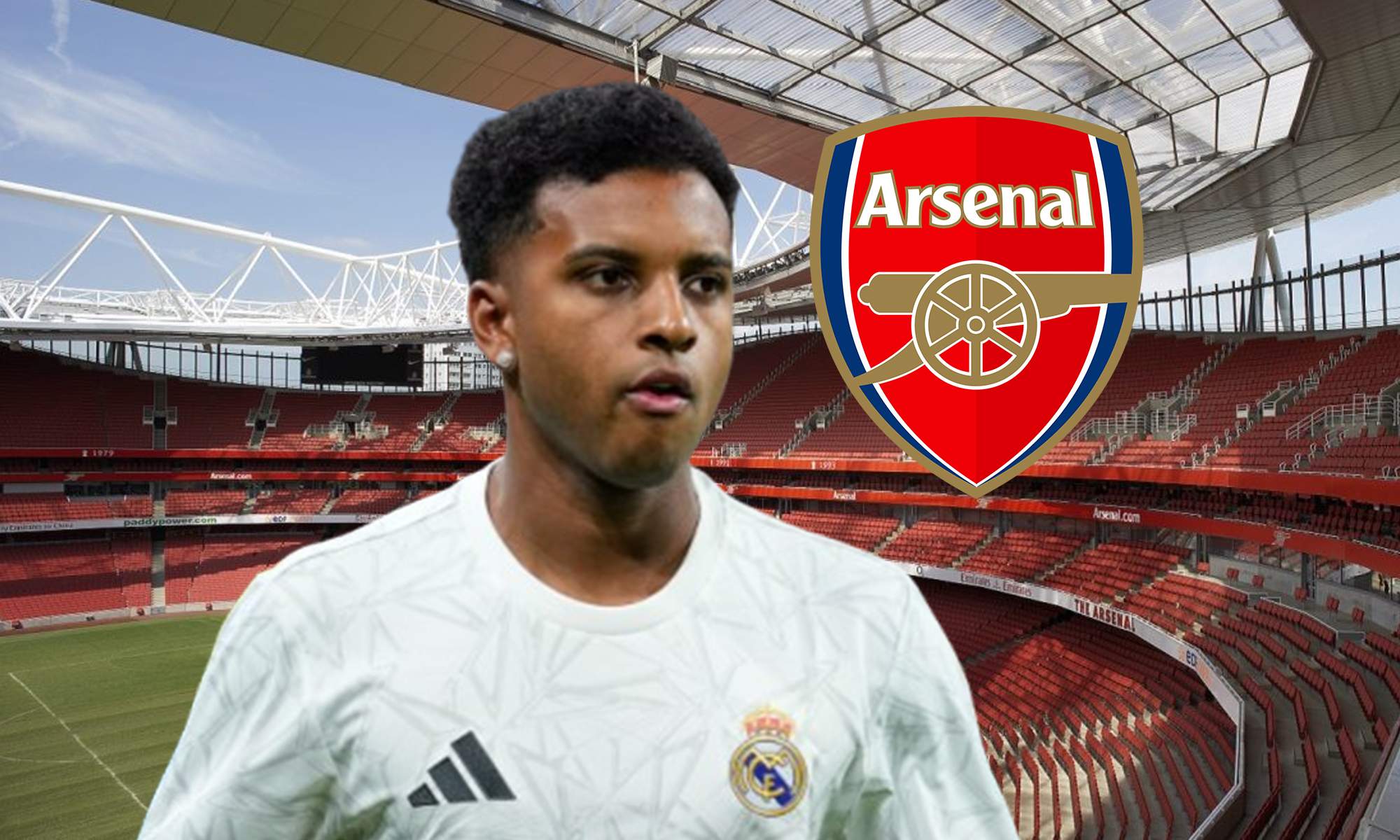 Rodrygo Goes, un escudo del Arsenal y el Emirates Stadium. 